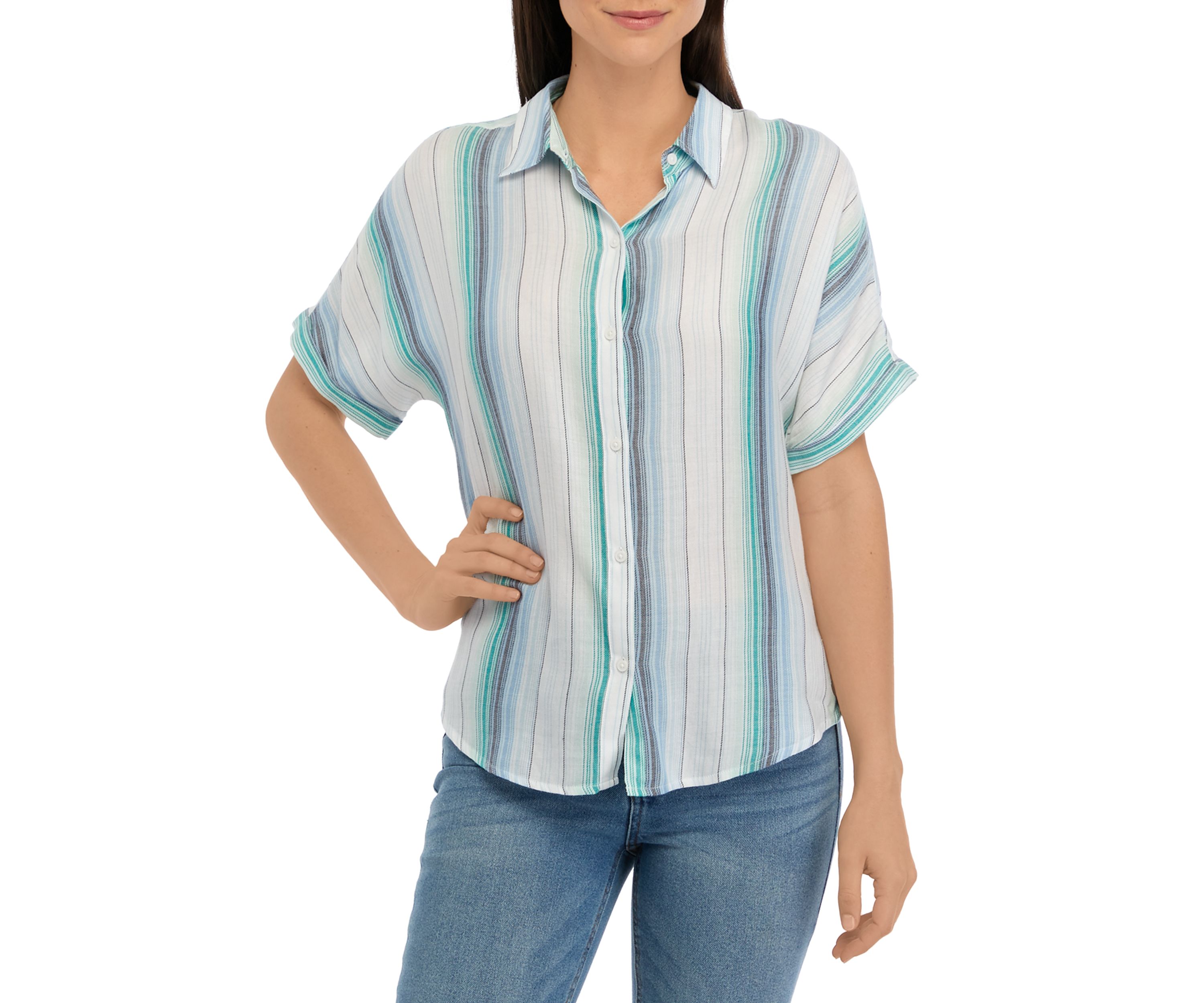 Womens Short Sleeve Striped Button Front Shirt