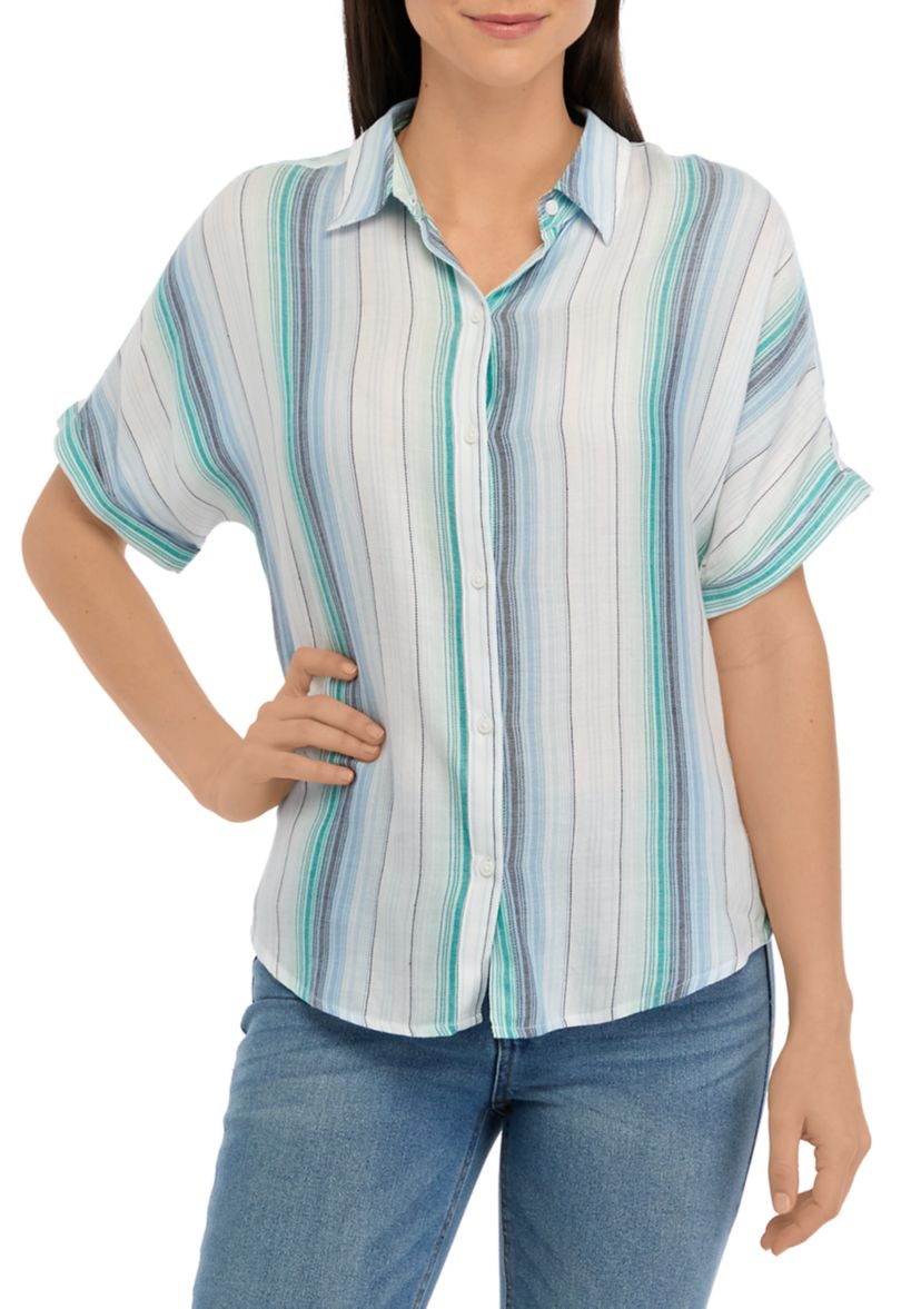 Womens Short Sleeve Striped Button Front Shirt