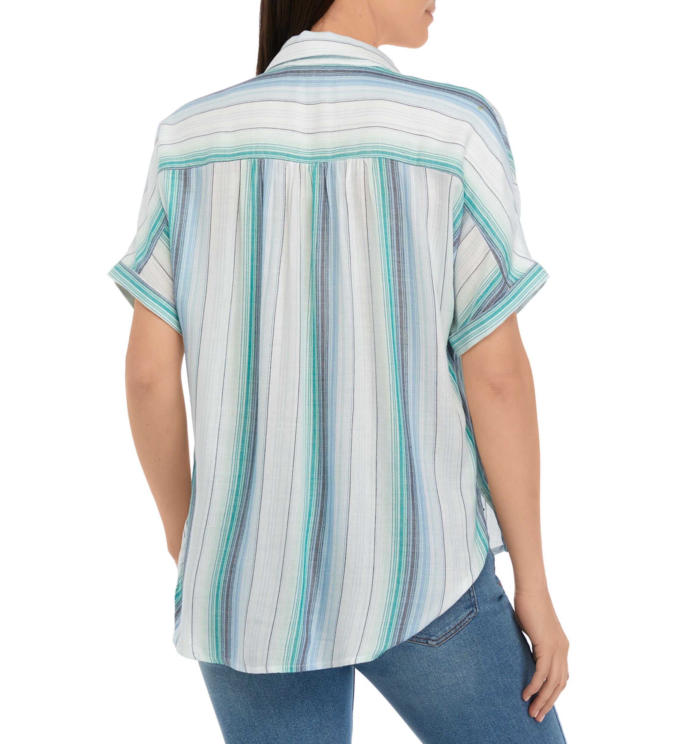 Womens Short Sleeve Striped Button Front Shirt