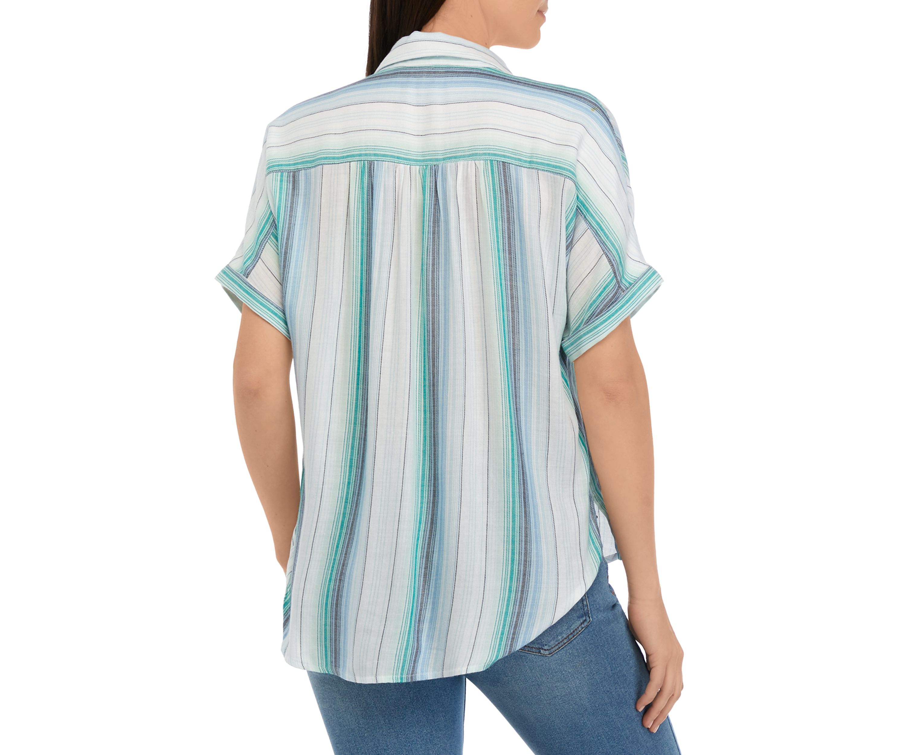 Womens Short Sleeve Striped Button Front Shirt