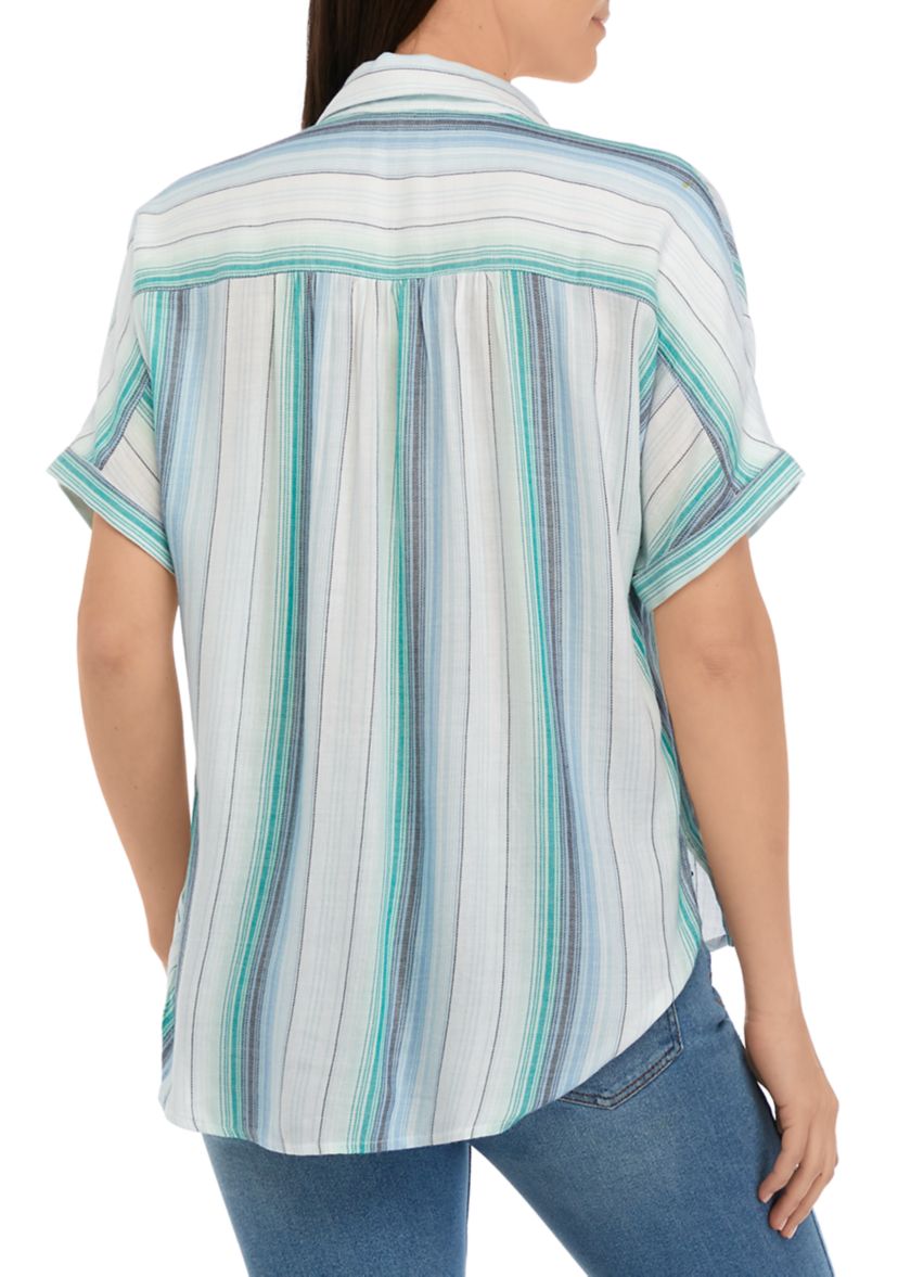 Womens Short Sleeve Striped Button Front Shirt