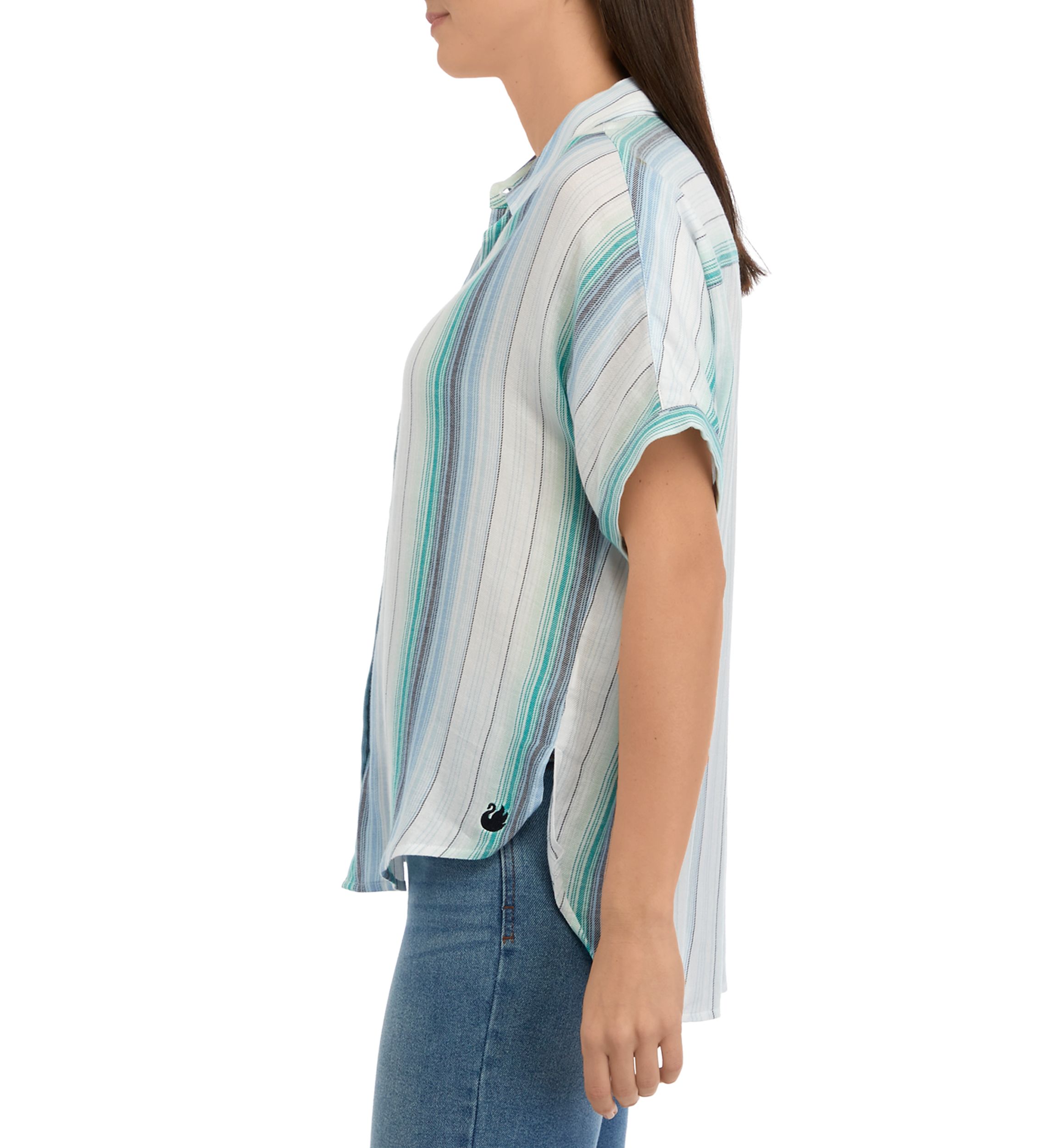 Womens Short Sleeve Striped Button Front Shirt