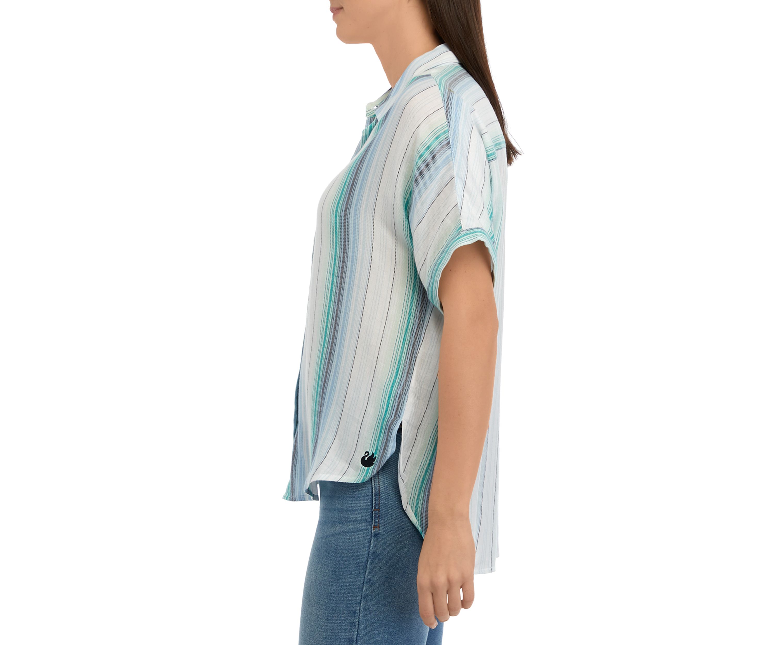 Womens Short Sleeve Striped Button Front Shirt