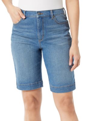 Women's Bermuda Denim Shorts Solid Pleated Shorts with Pockets