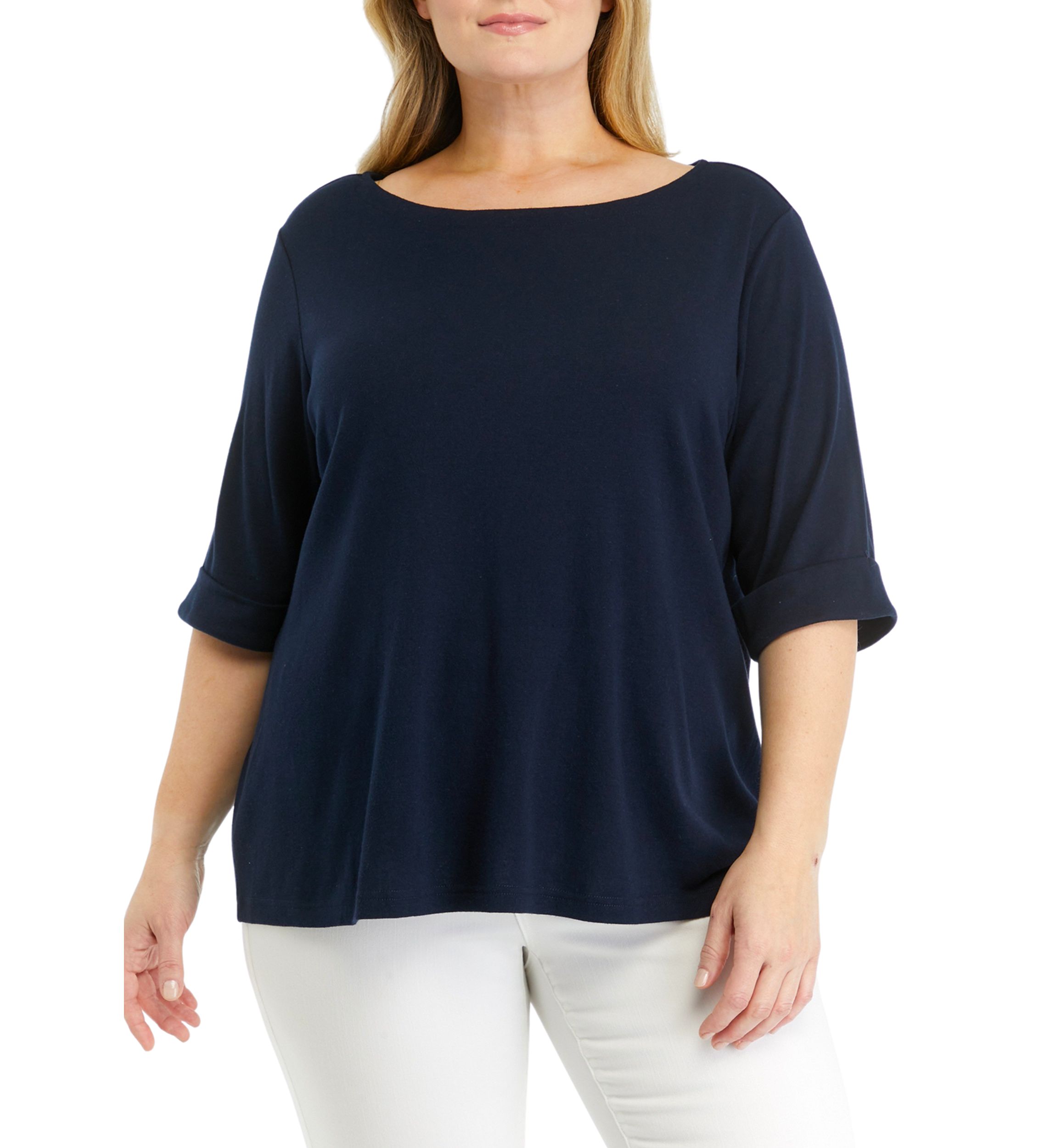 Plus Size Solid Knit Boat Neck Top