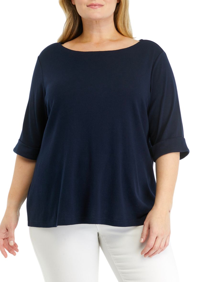 Plus Size Solid Knit Boat Neck Top