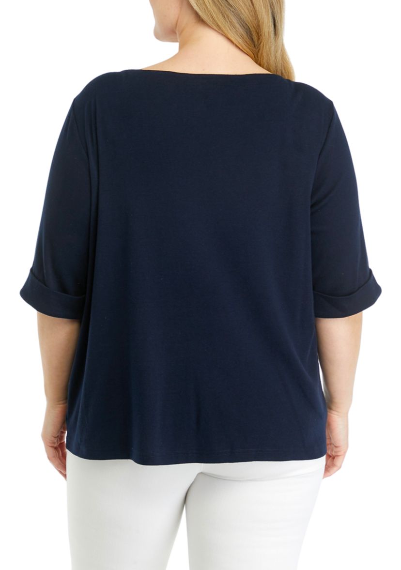 Plus Size Solid Knit Boat Neck Top