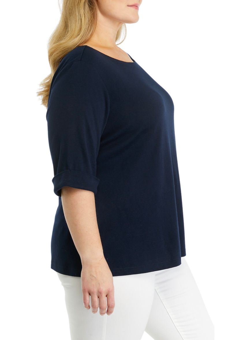 Plus Size Solid Knit Boat Neck Top