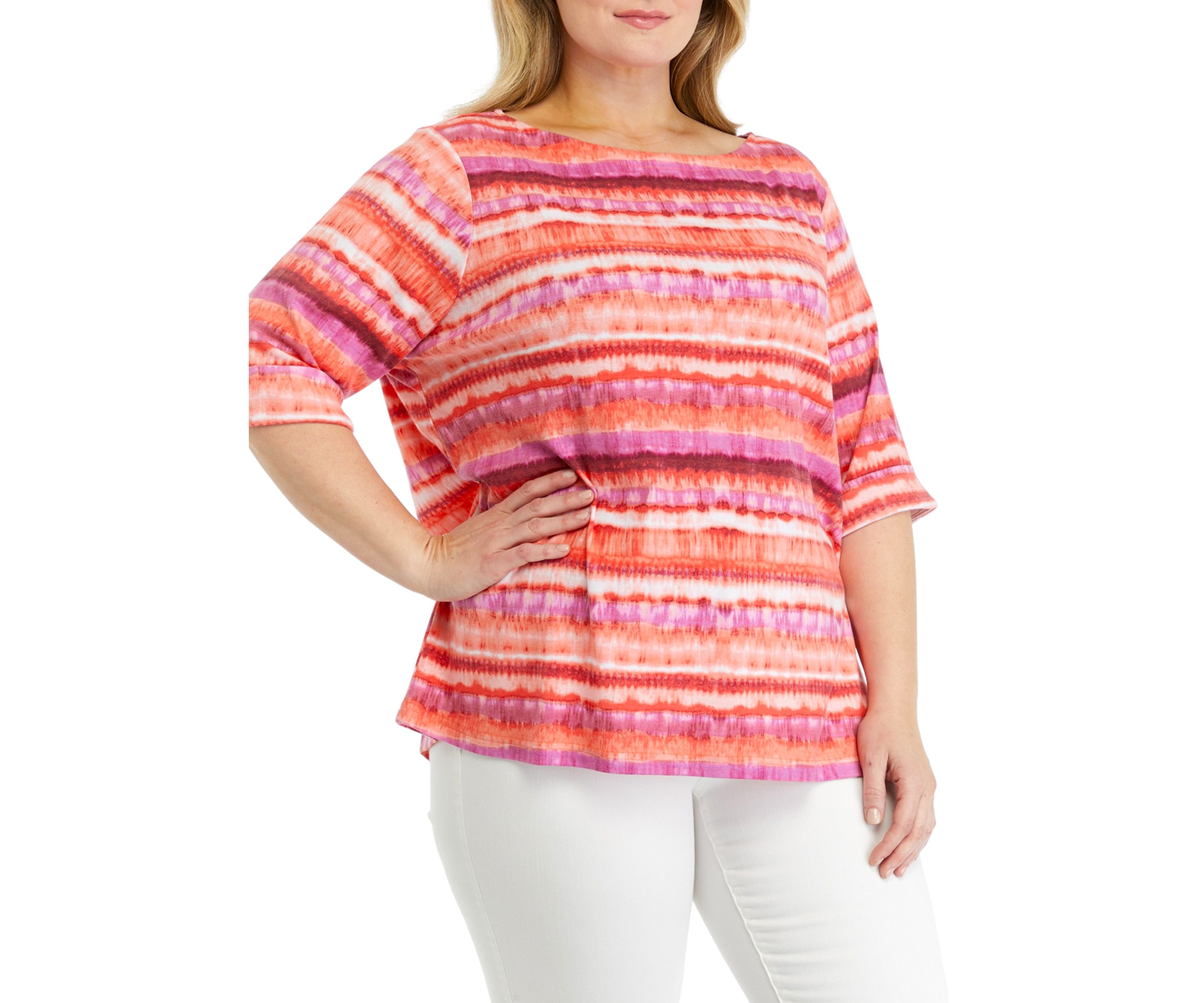 Plus Size Printed Knit Boat Neck Top