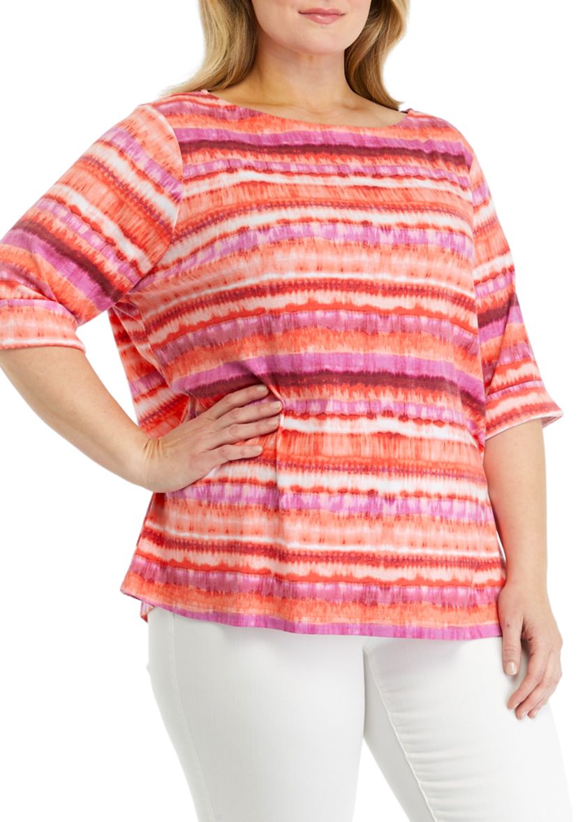 Plus Size Printed Knit Boat Neck Top