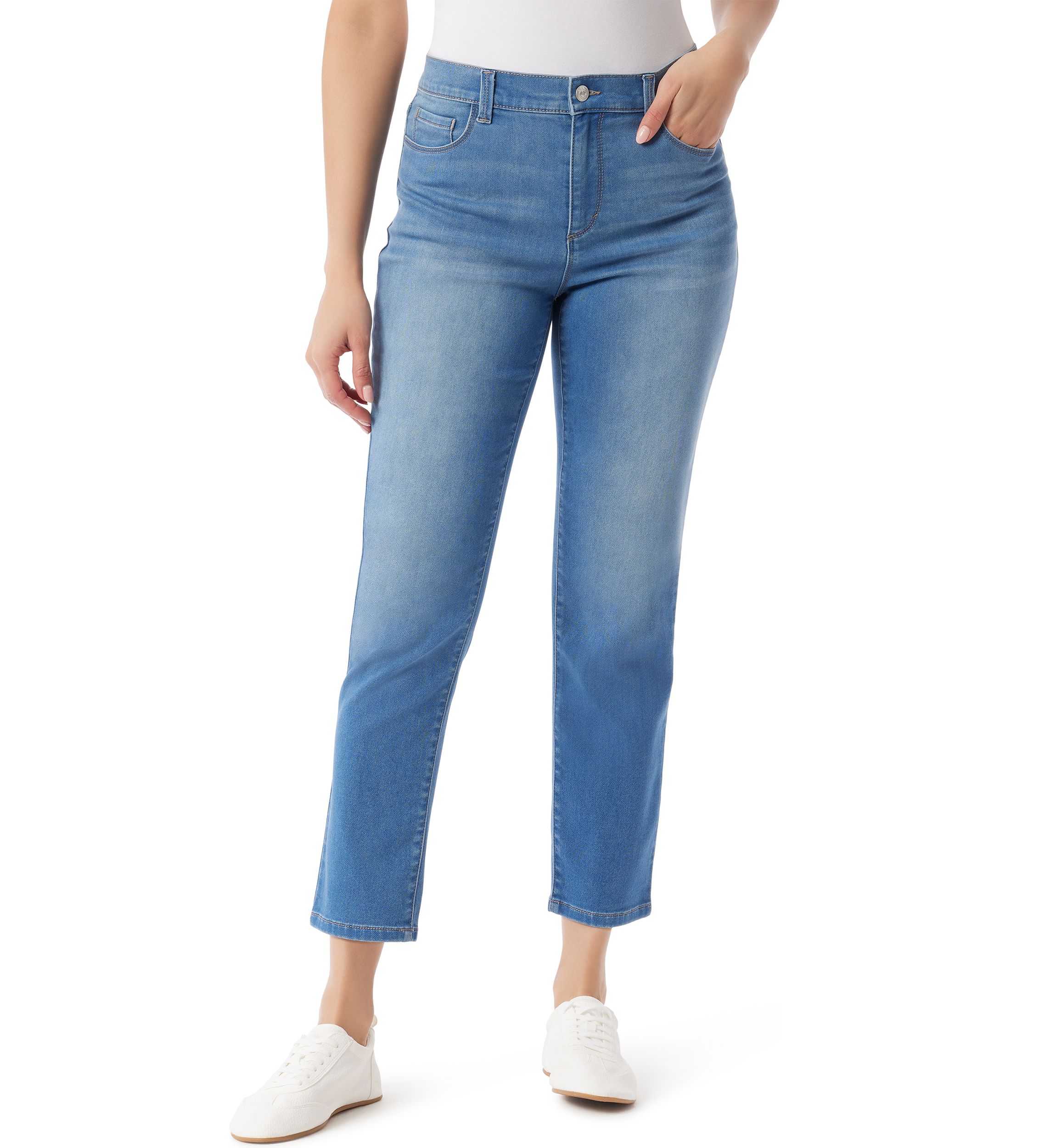 Womens 5 Pocket Straight Knit Denim Ankle Pants