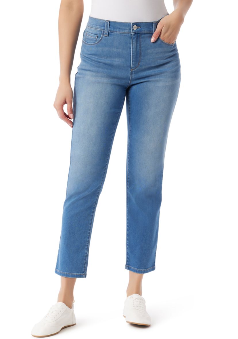 Womens 5 Pocket Straight Knit Denim Ankle Pants
