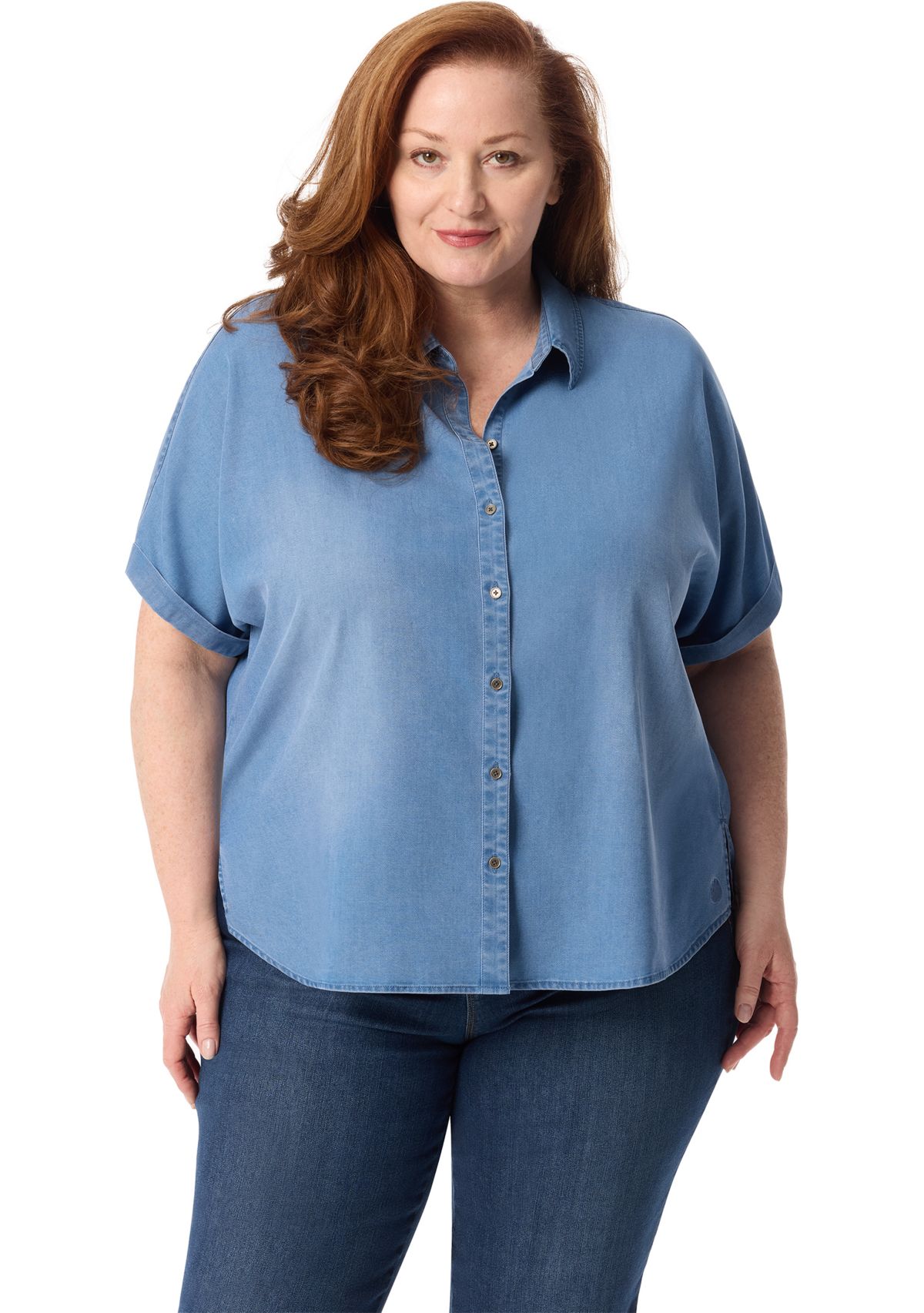 Plus Size Short Dolman Sleeve Woven Button Down Shirt