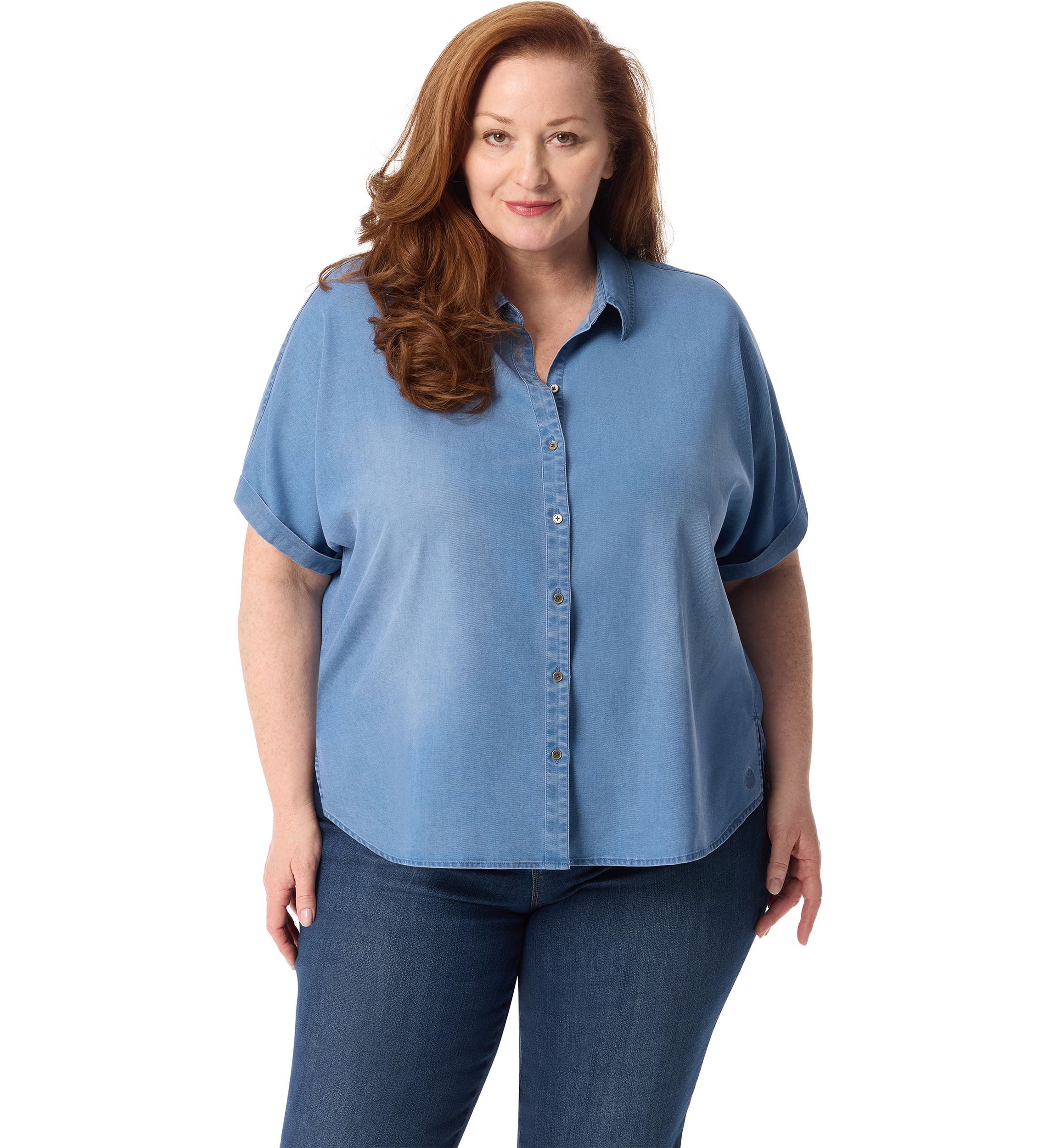 Plus Size Short Dolman Sleeve Woven Button Down Shirt