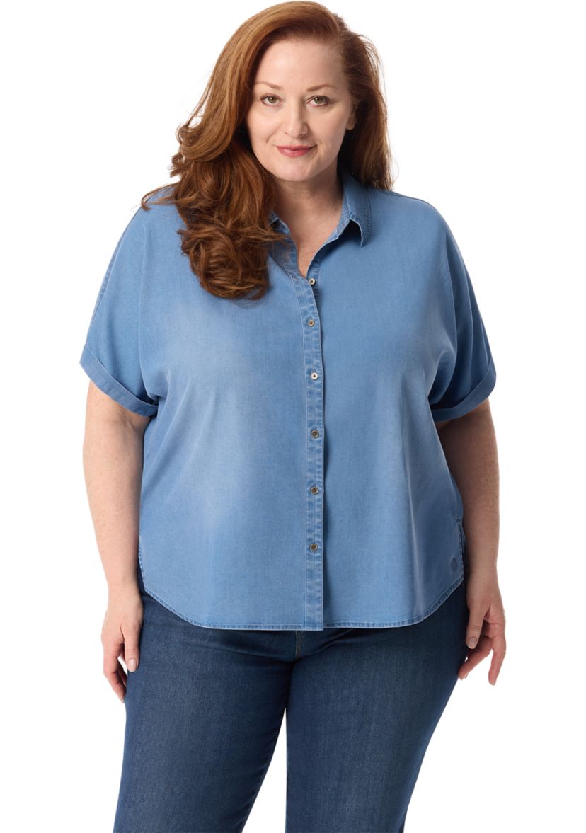 Plus Size Short Dolman Sleeve Woven Button Down Shirt