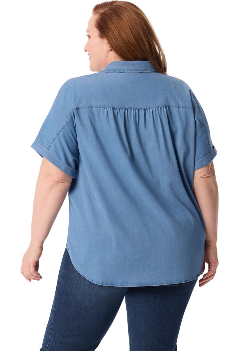 Plus Size Short Dolman Sleeve Woven Button Down Shirt