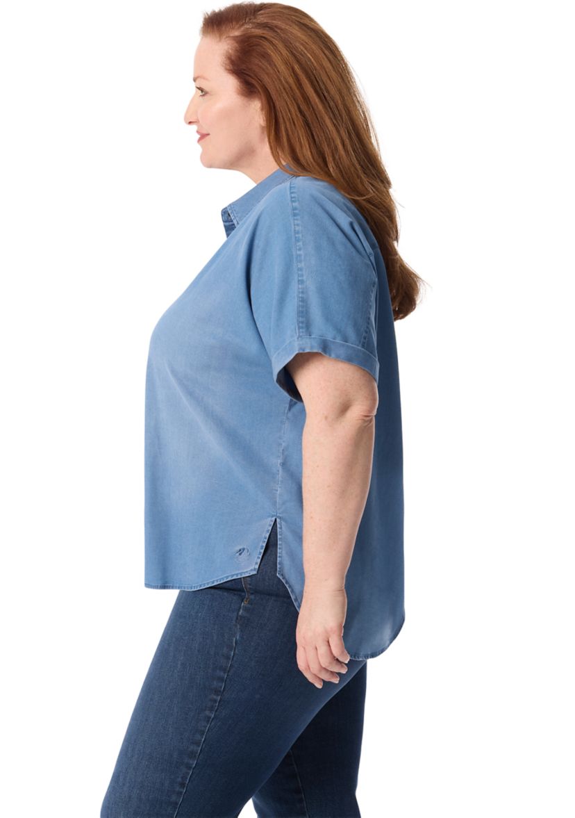 Plus Size Short Dolman Sleeve Woven Button Down Shirt
