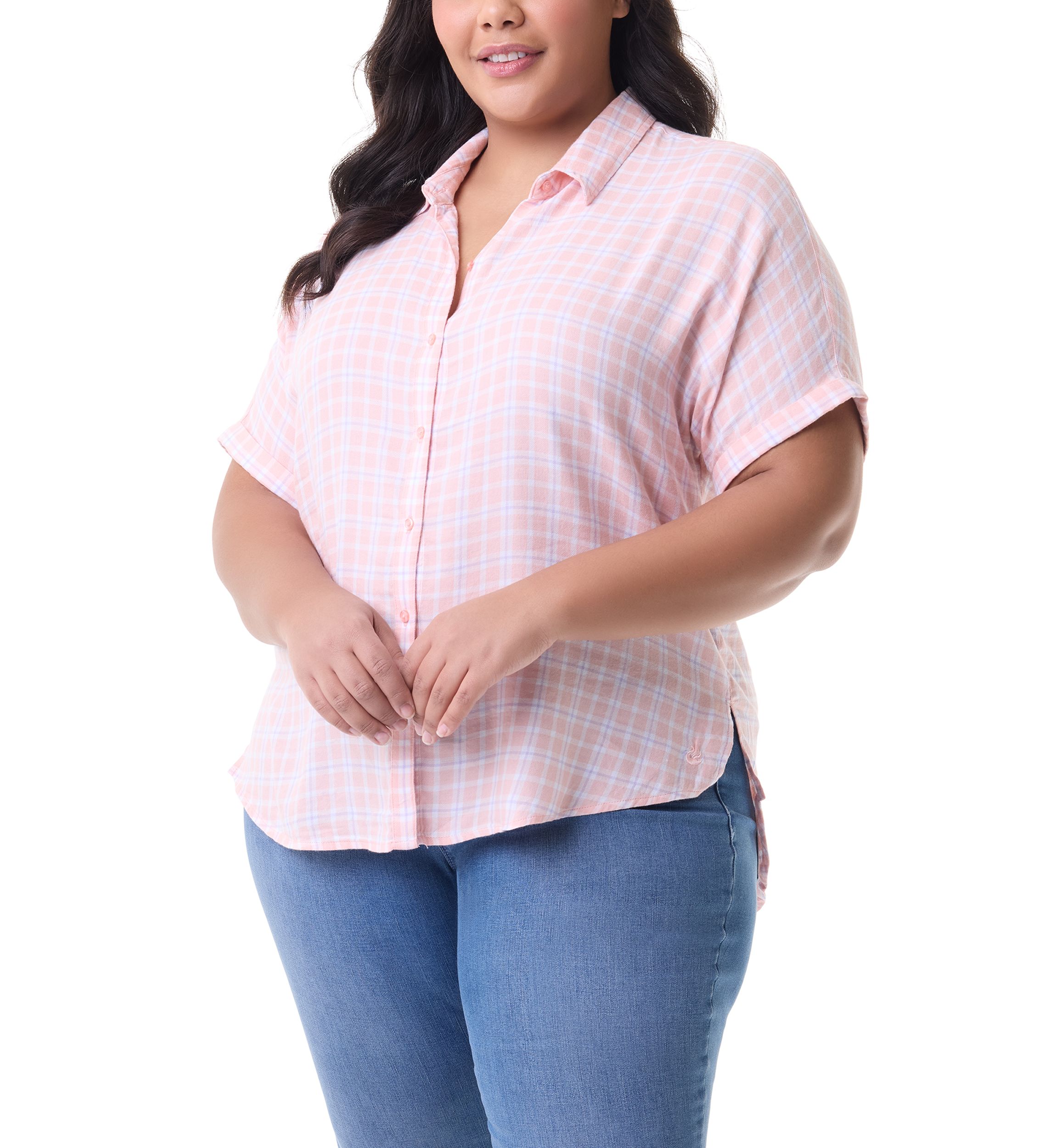 pink dress shirt women's plus size Plus Size Women's Spring/Summer Dropped Shoulder Long Sleeve  Single-Breasted Casual Pocket Pink Shirt