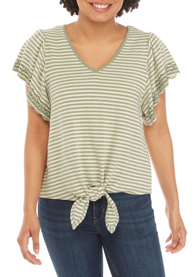 Stripe Tie Front Flutter Sleeve