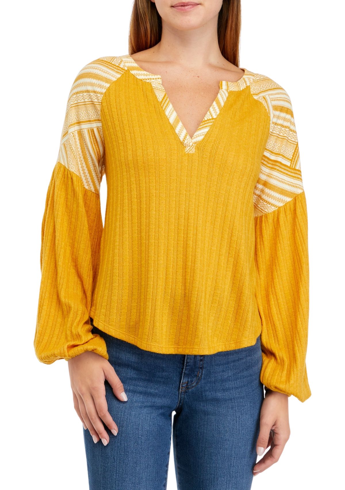 Waffle Knit Split Neck Top