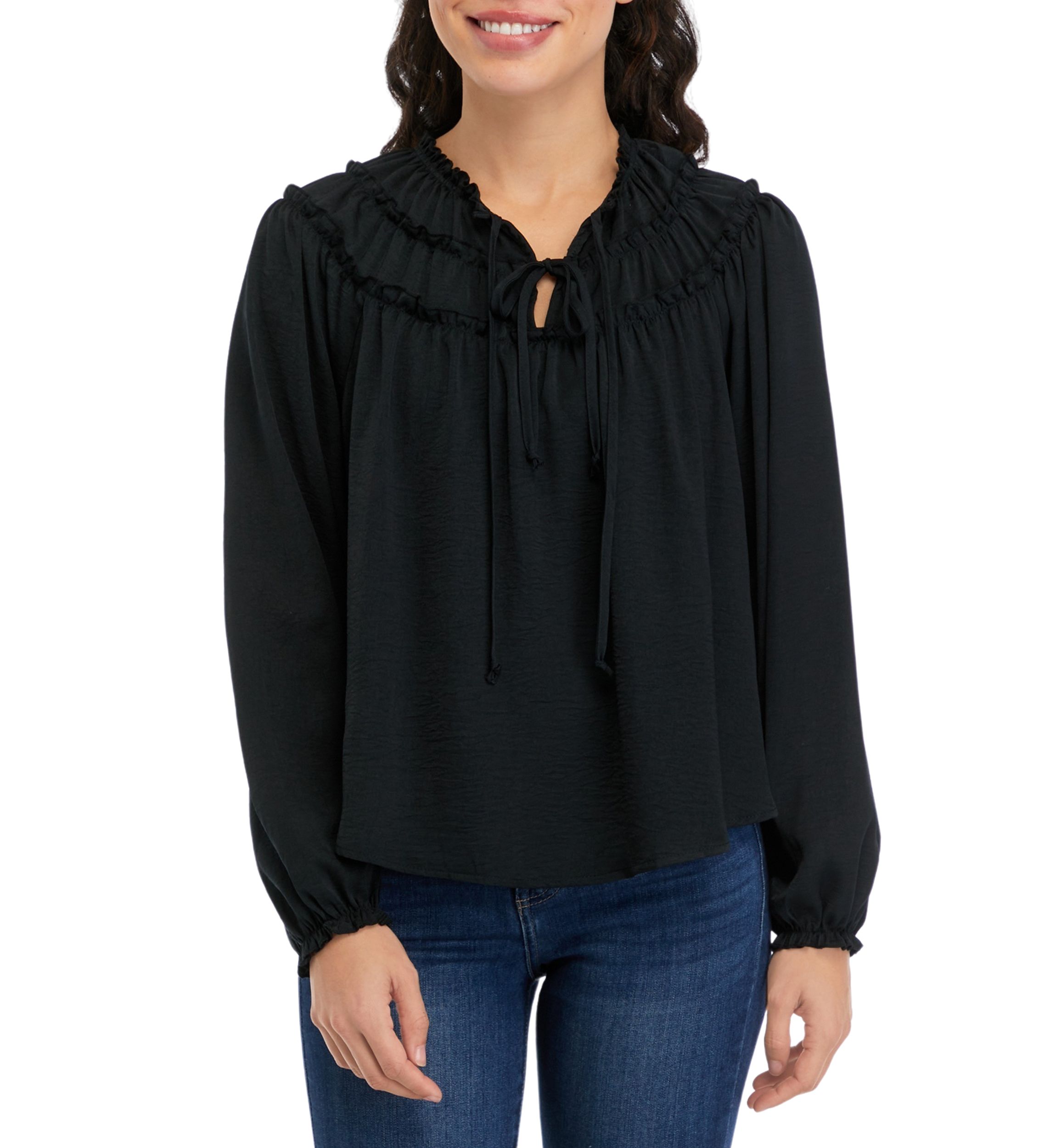 Long Sleeve Satin Ruffle Yoke Top
