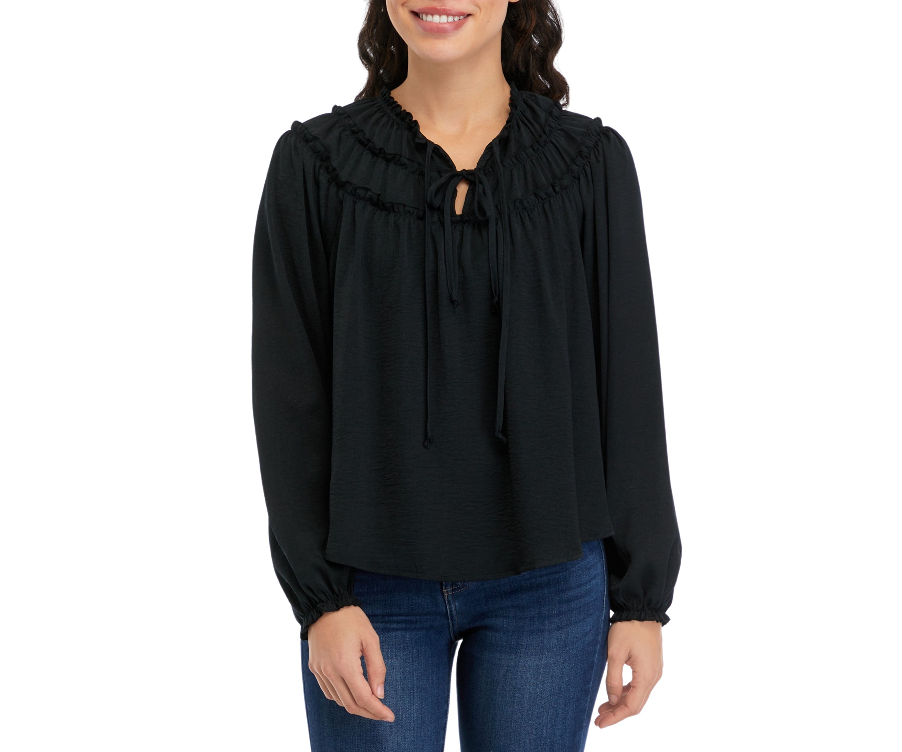 Long Sleeve Satin Ruffle Yoke Top