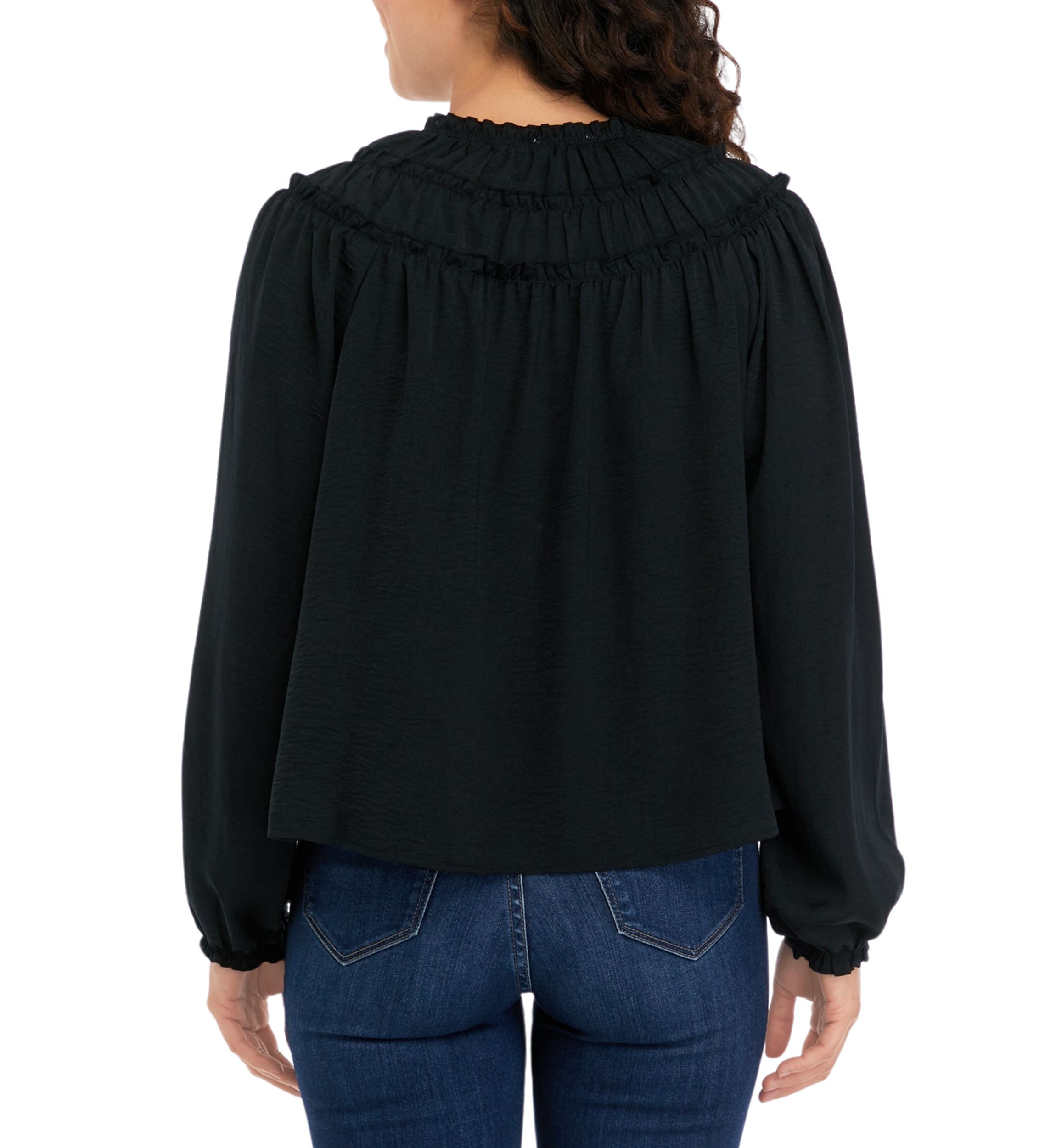 Long Sleeve Satin Ruffle Yoke Top