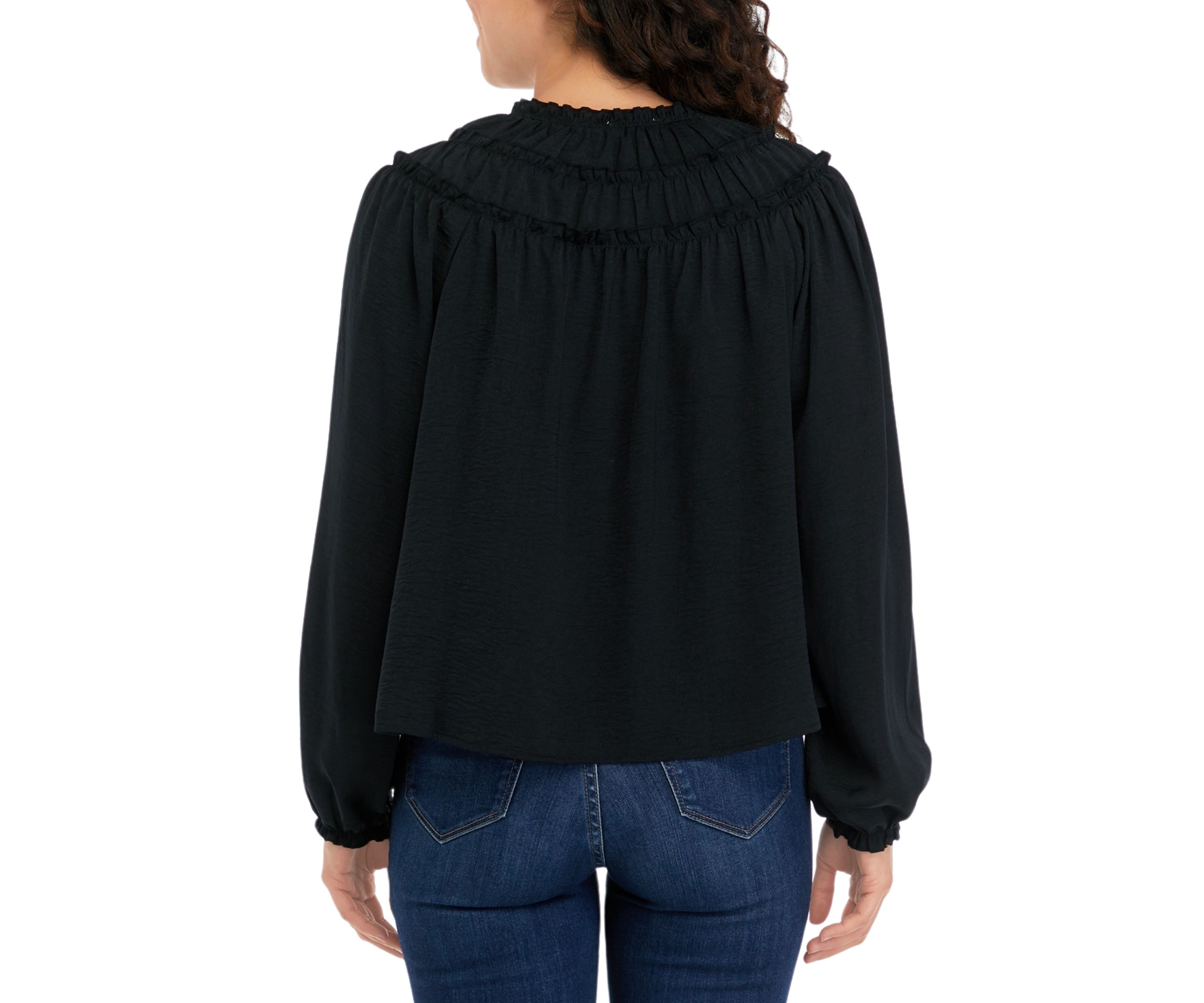 Long Sleeve Satin Ruffle Yoke Top