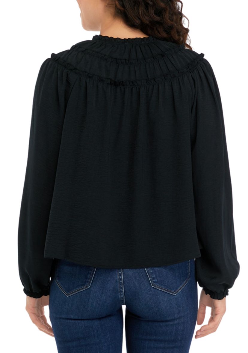 Long Sleeve Satin Ruffle Yoke Top