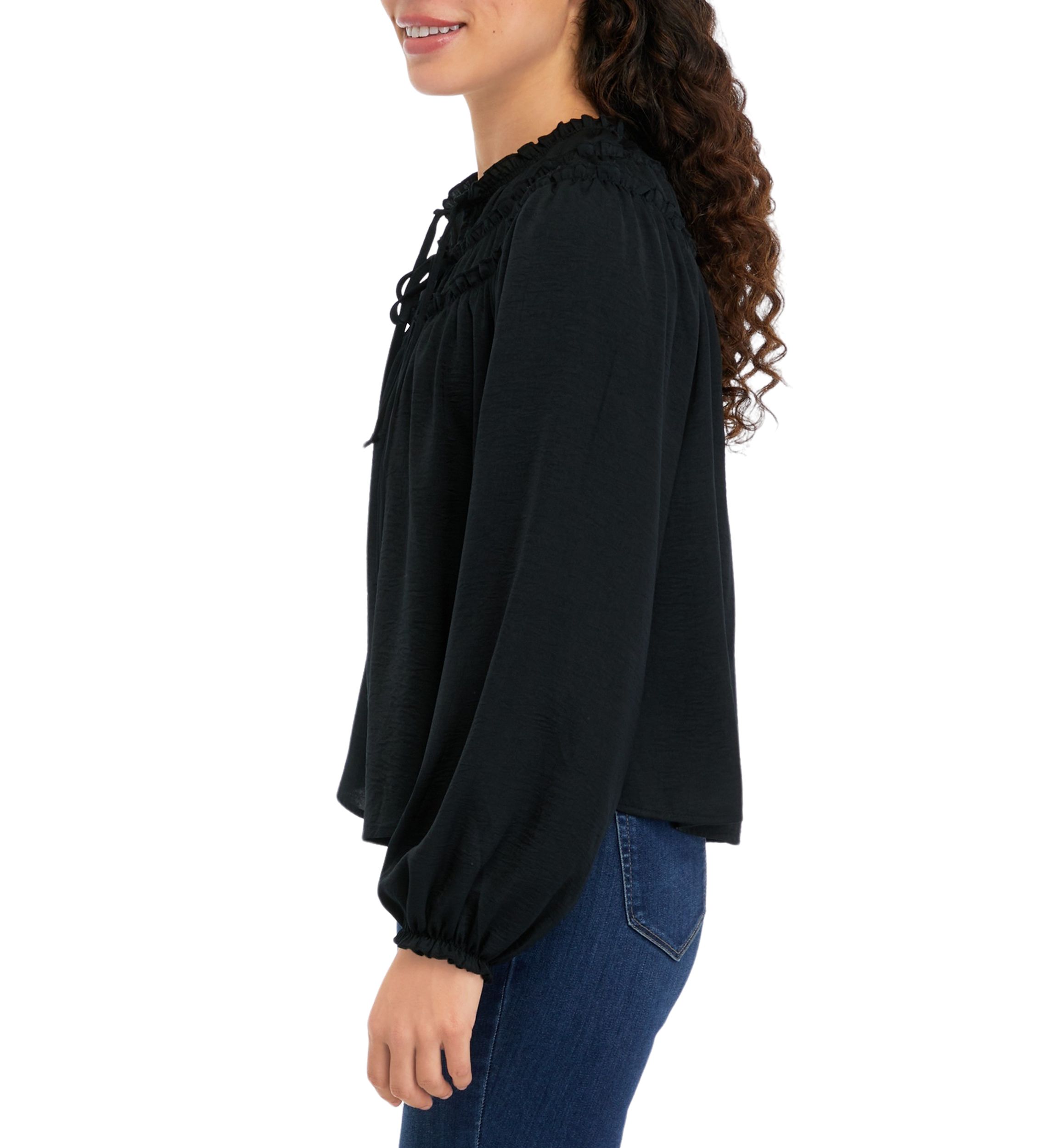 Long Sleeve Satin Ruffle Yoke Top