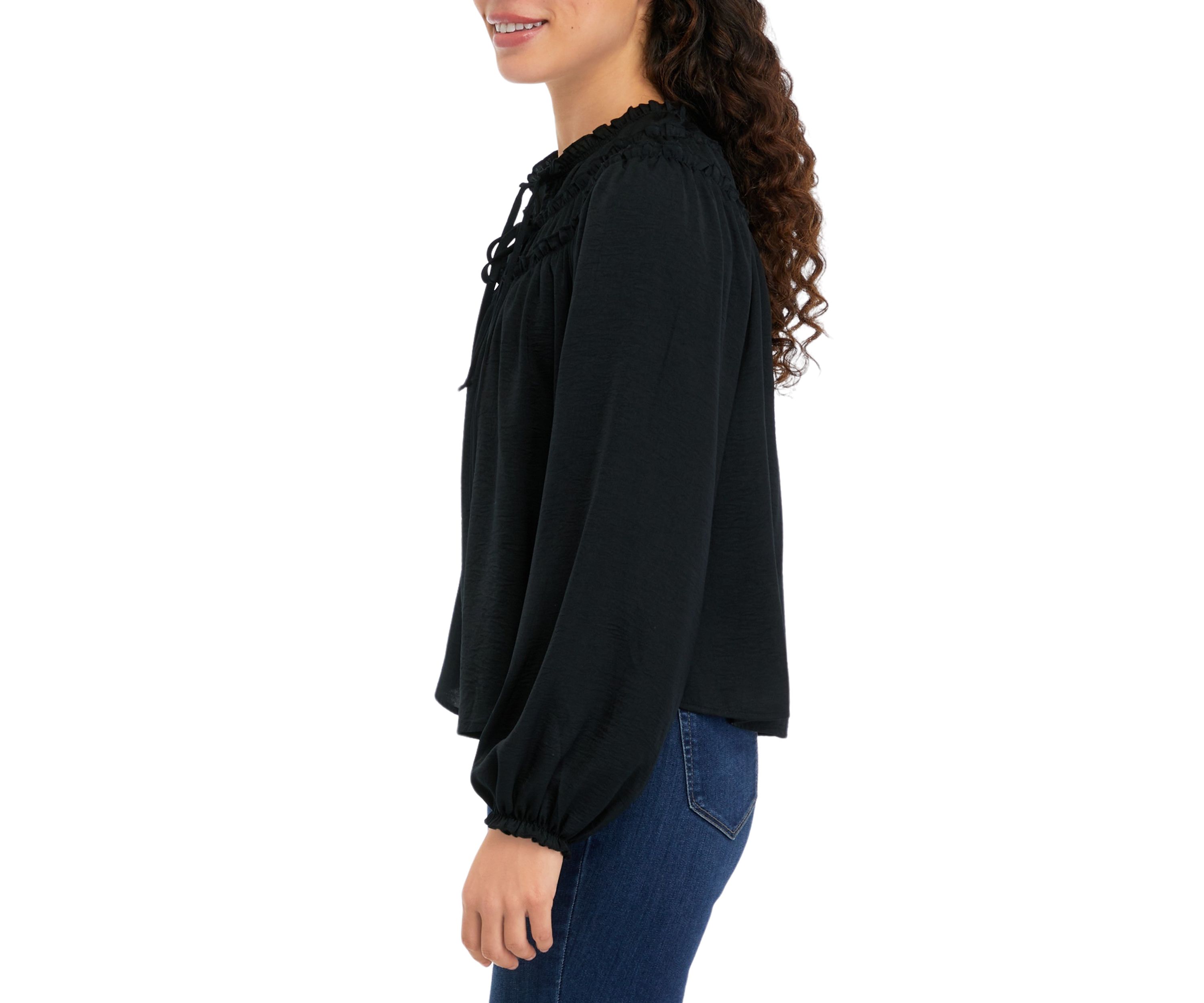 Long Sleeve Satin Ruffle Yoke Top
