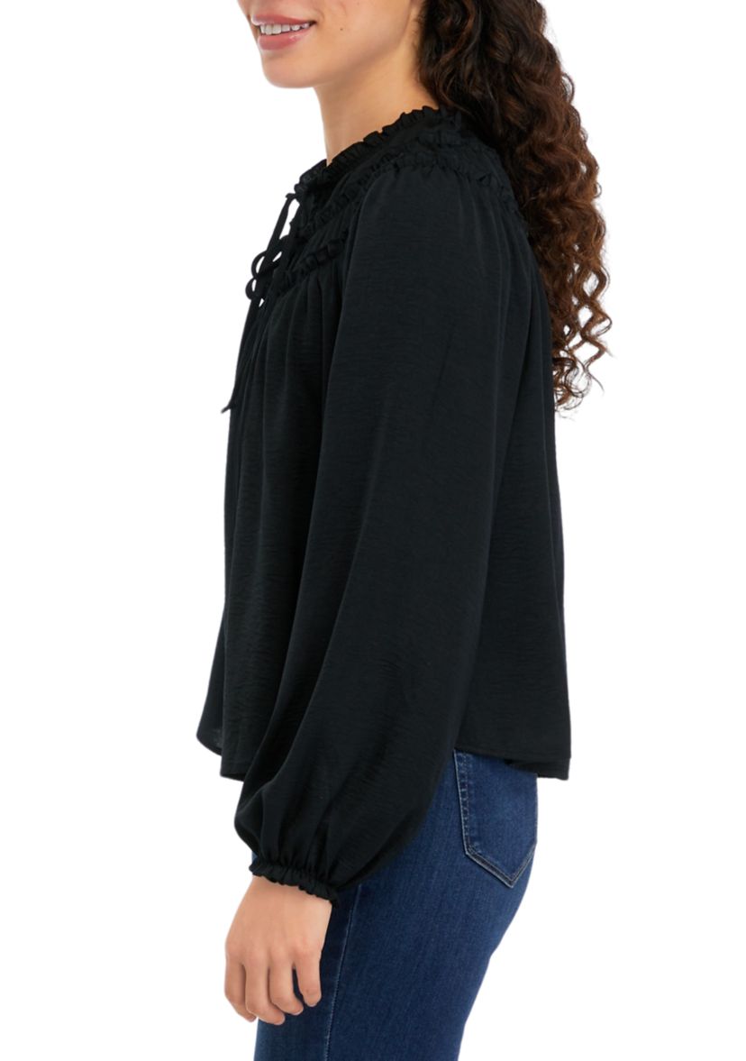 Long Sleeve Satin Ruffle Yoke Top