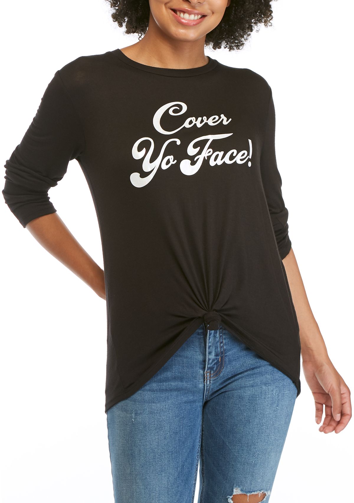 Juniors Cover Your Face Long Sleeve Side Knot Shirt 