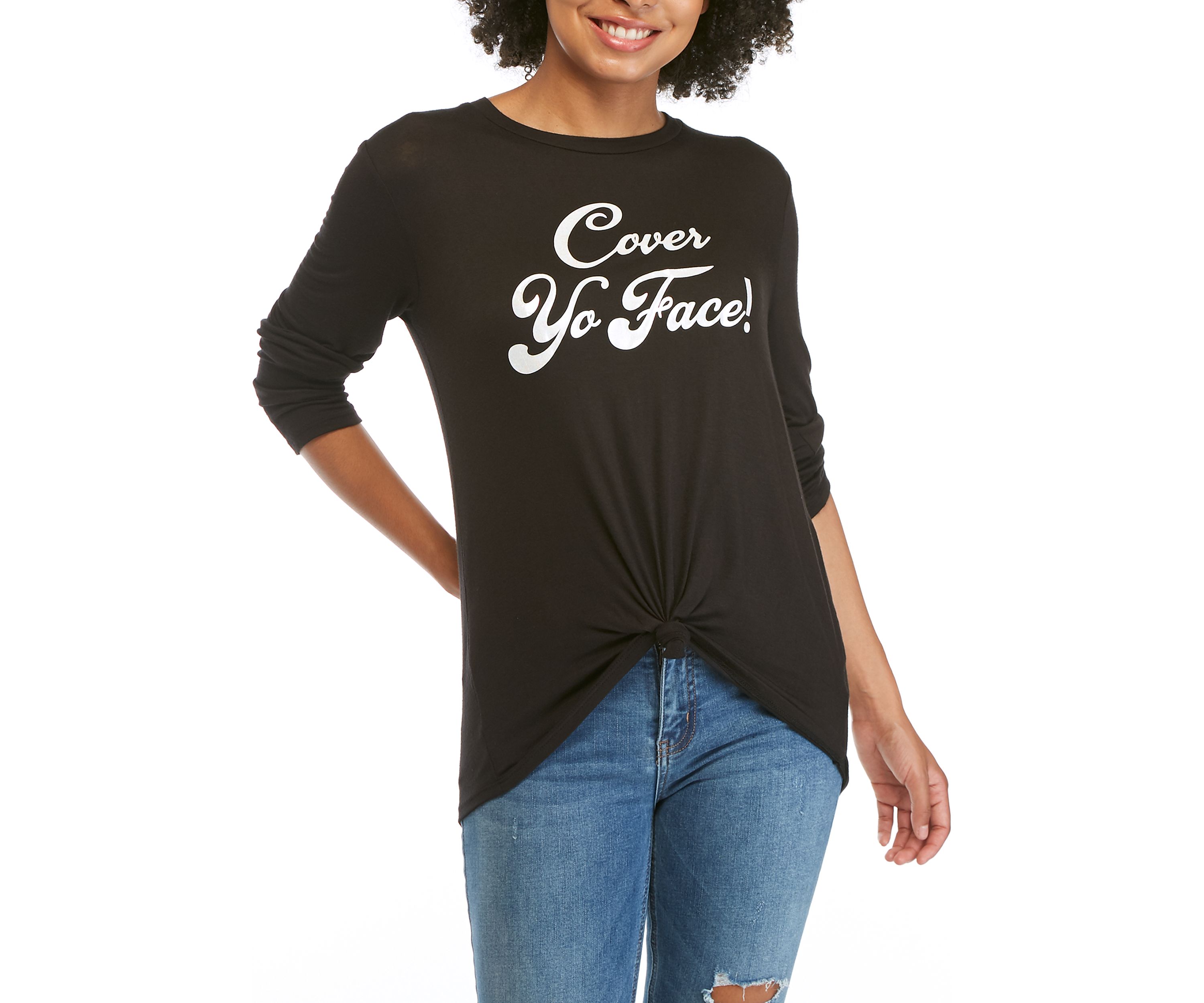 Juniors Cover Your Face Long Sleeve Side Knot Shirt 