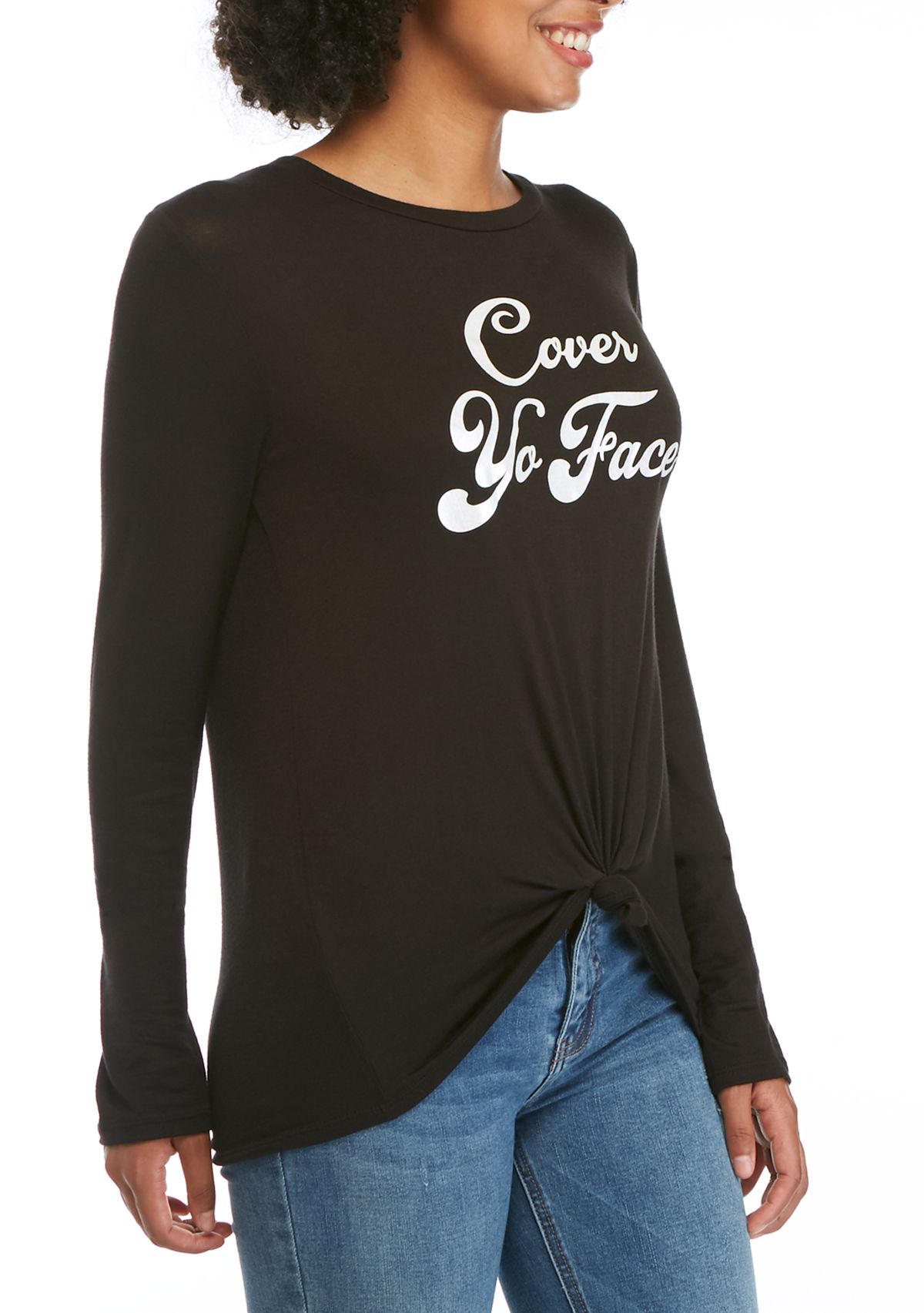 Juniors Cover Your Face Long Sleeve Side Knot Shirt 