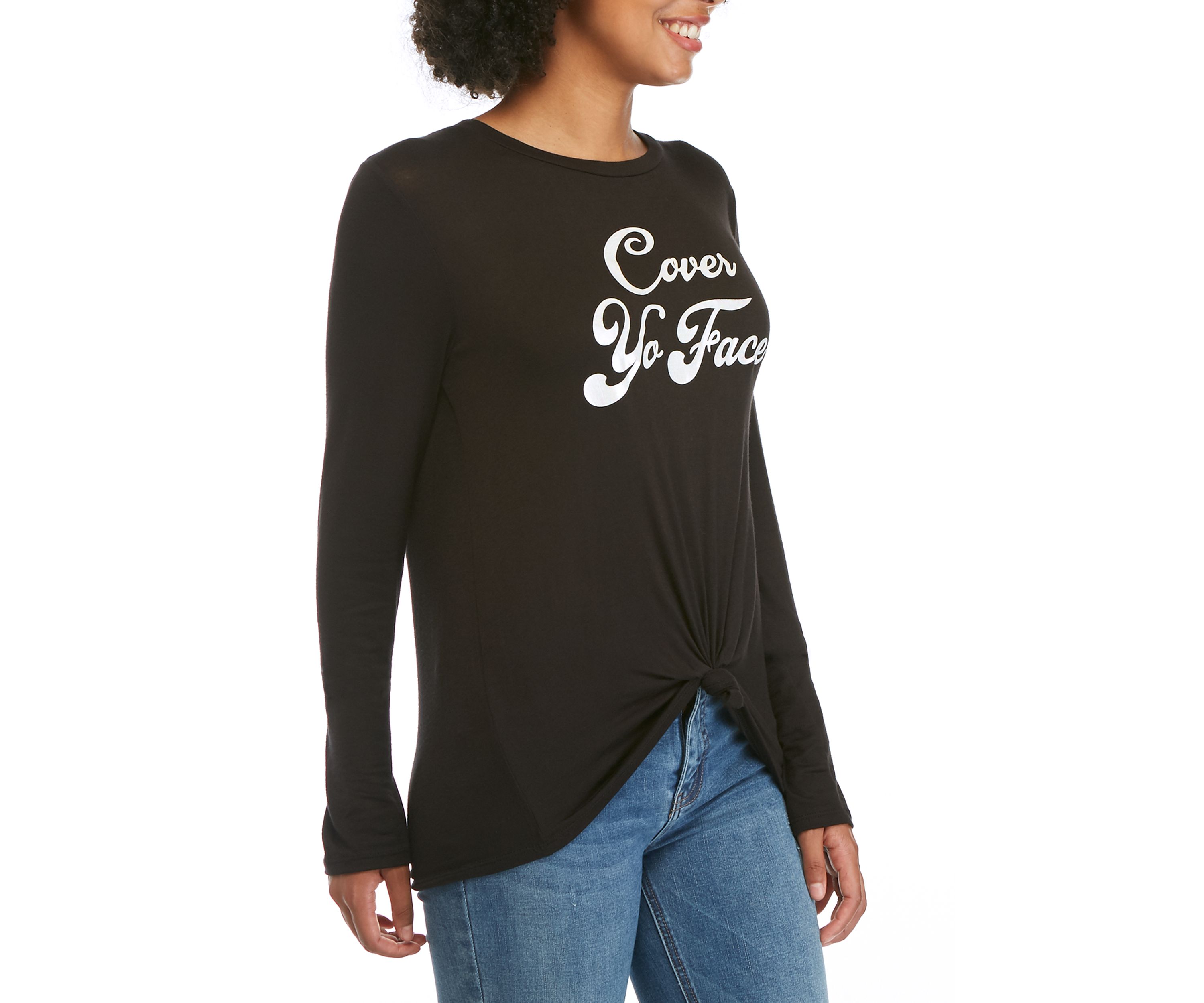 Juniors Cover Your Face Long Sleeve Side Knot Shirt 
