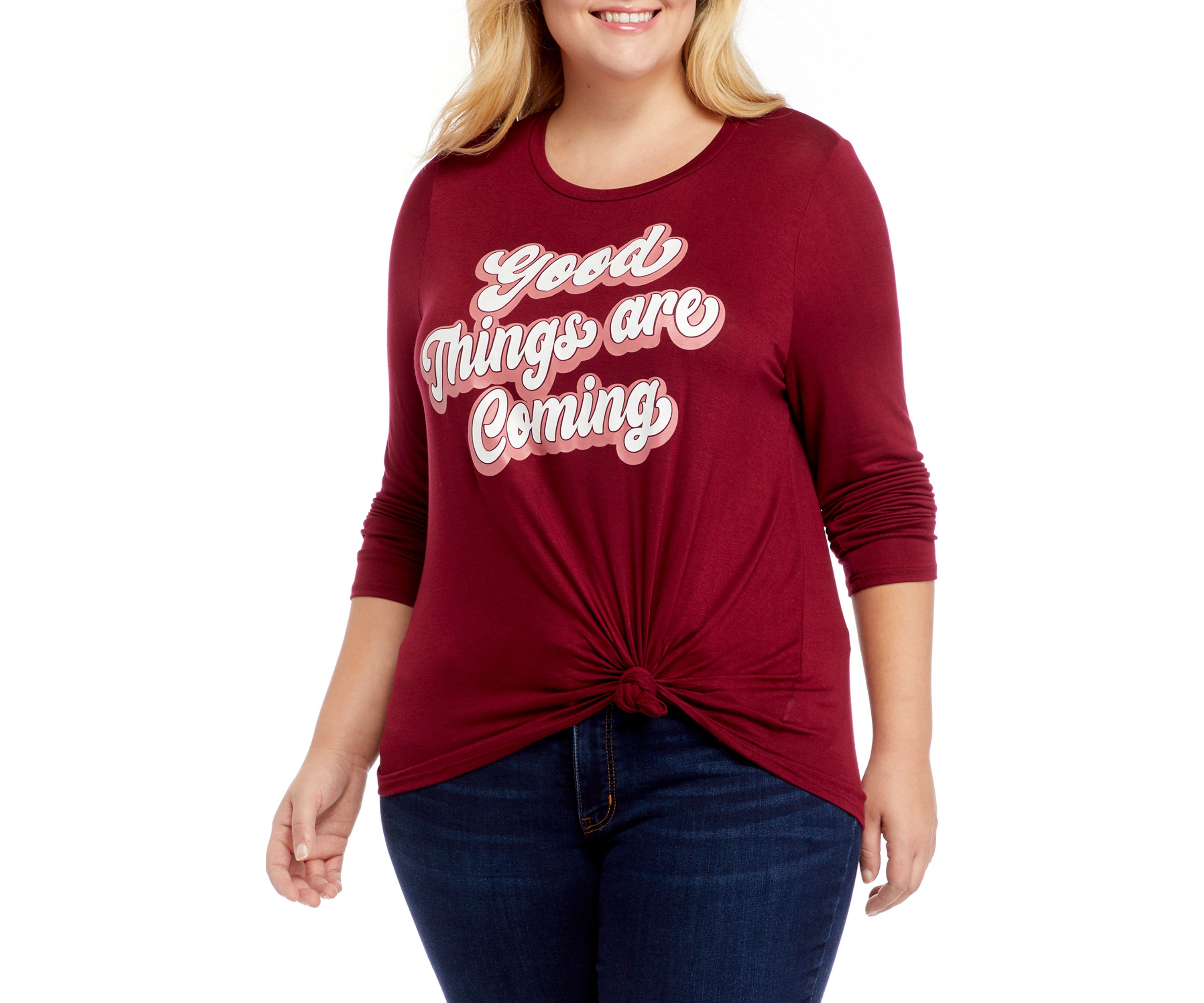 Plus Size Good Things Are Coming Knot Front Shirt