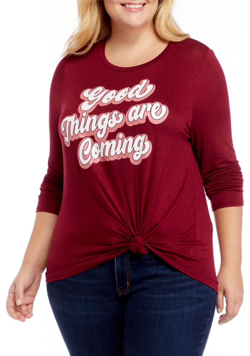 Plus Size Good Things Are Coming Knot Front Shirt