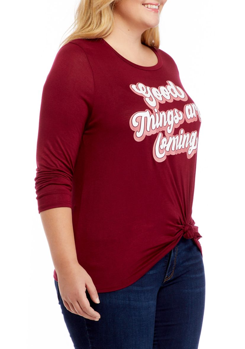 Plus Size Good Things Are Coming Knot Front Shirt