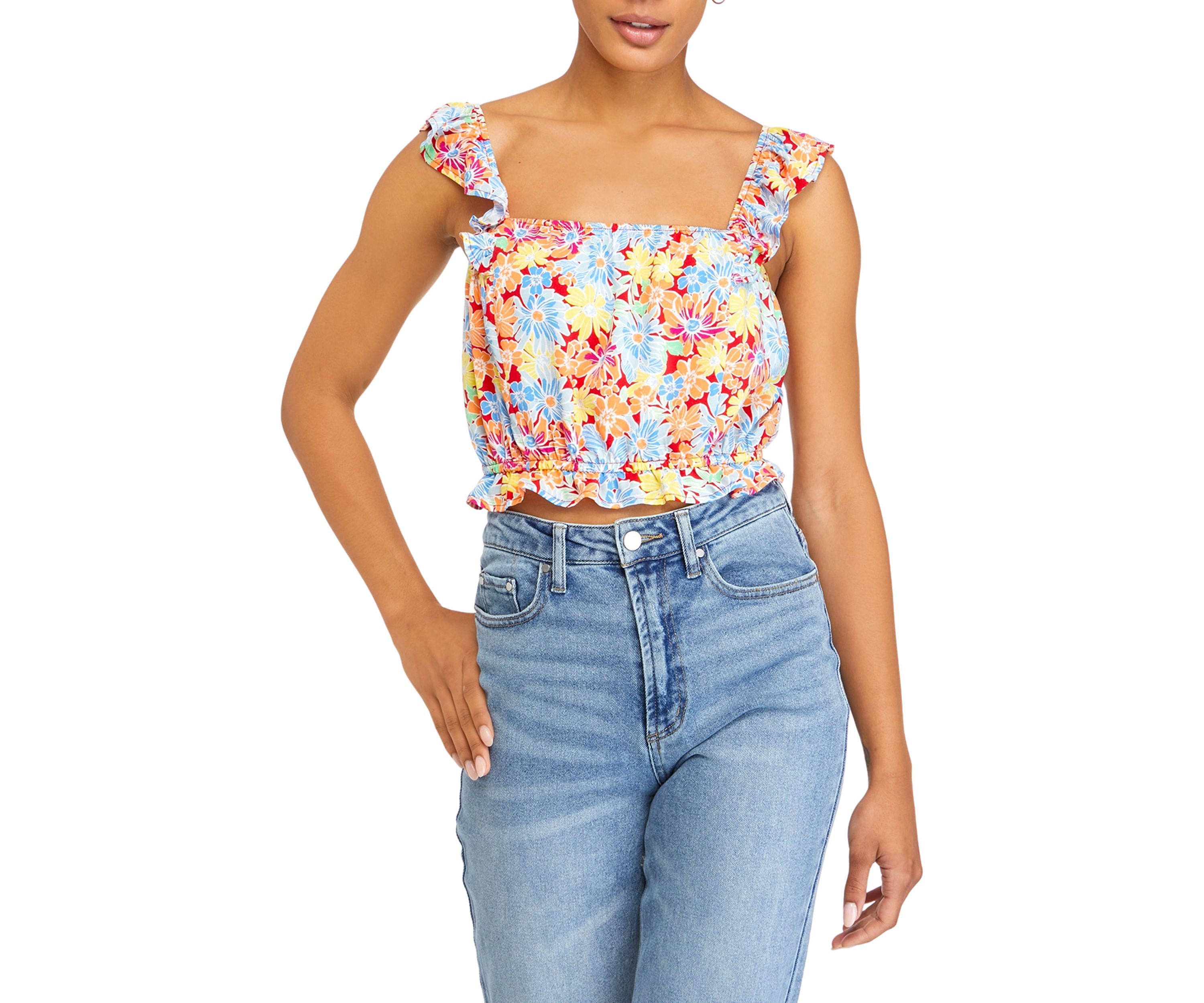 Juniors Sleeveless Ruffle Smocked Match Top