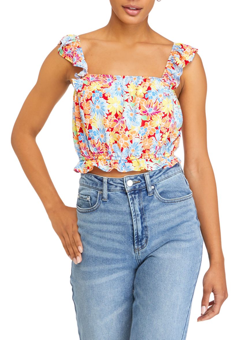 Juniors Sleeveless Ruffle Smocked Match Top