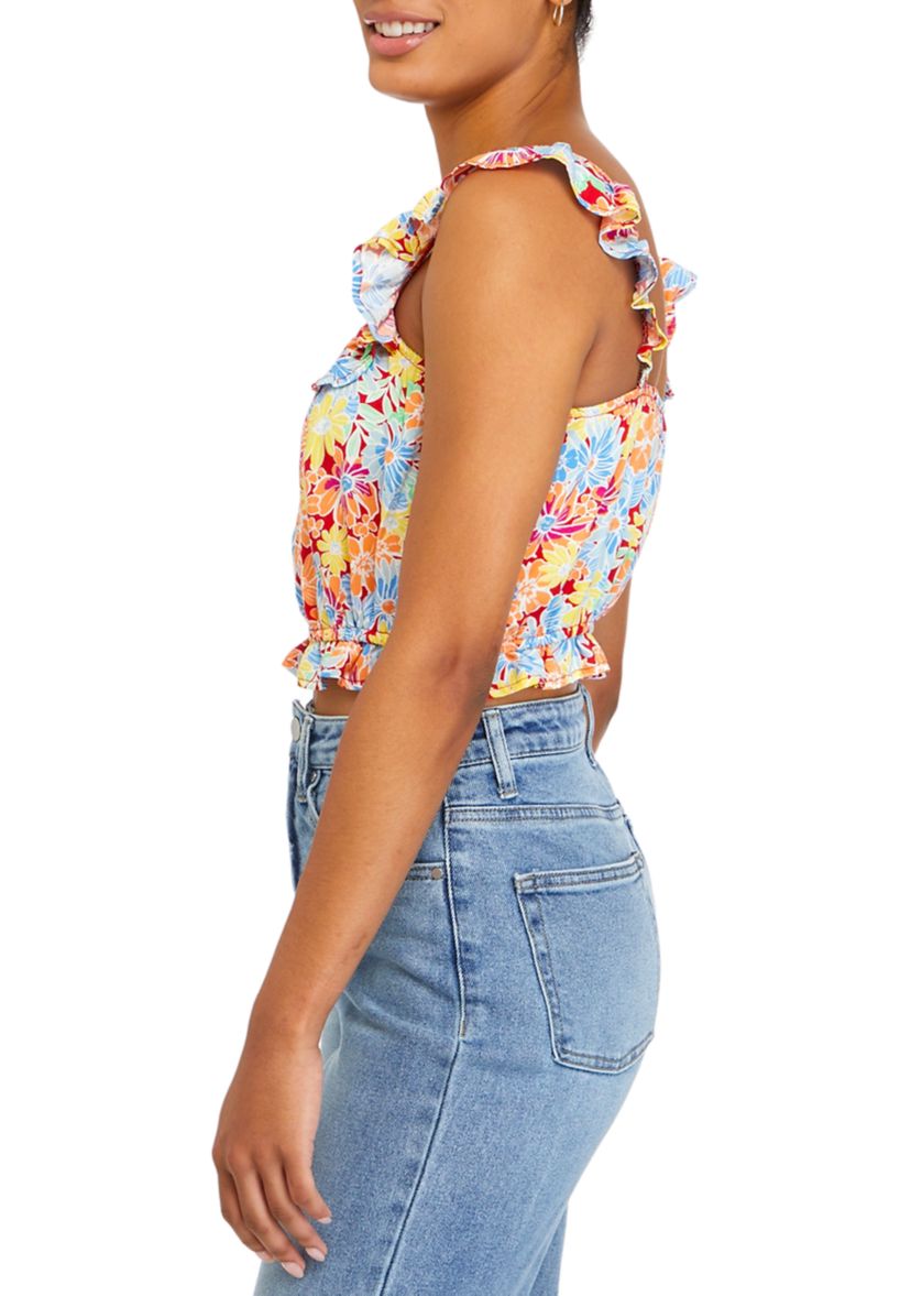 Juniors Sleeveless Ruffle Smocked Match Top