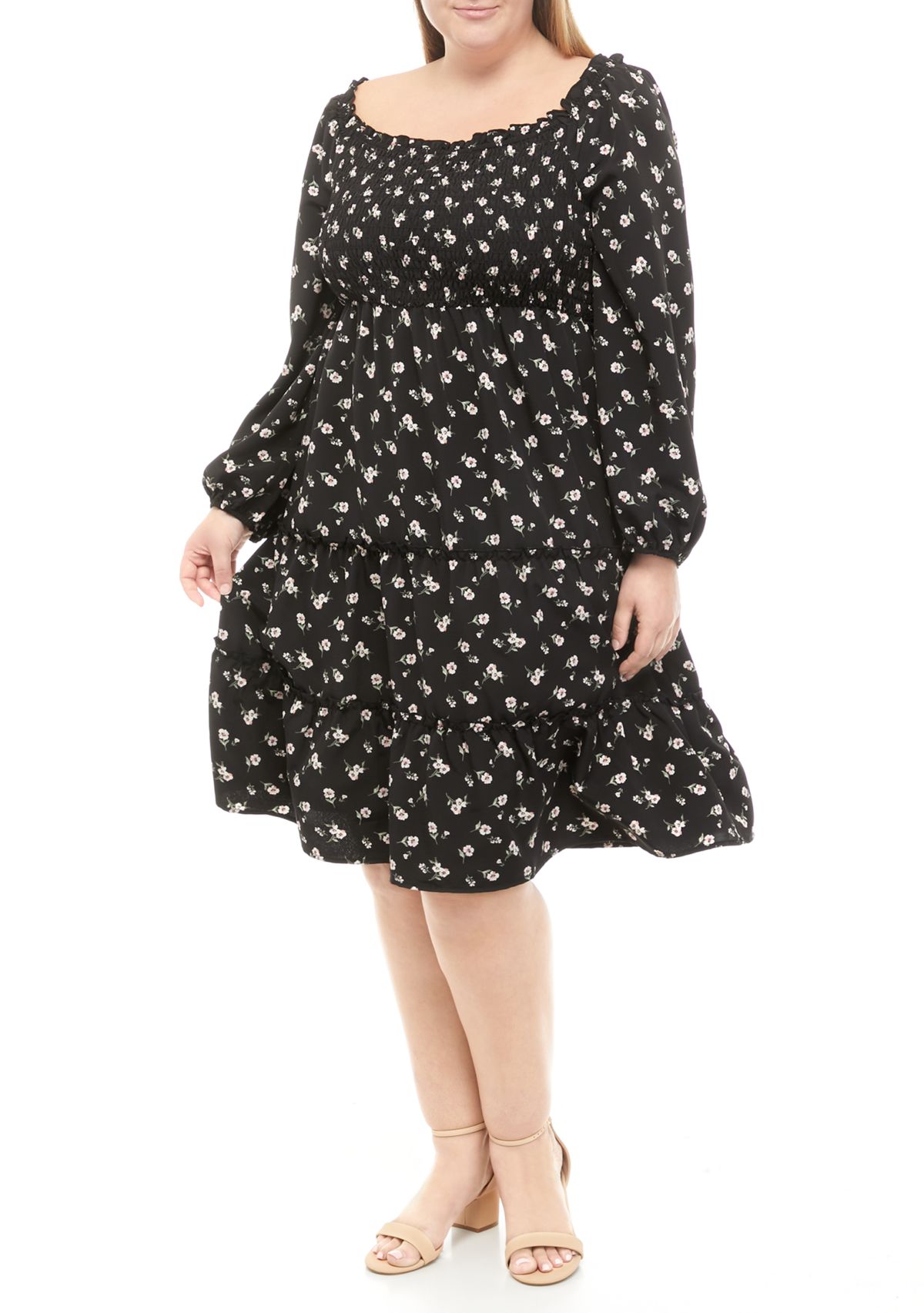 Plus Size Long Sleeve Smocked Midi Dress