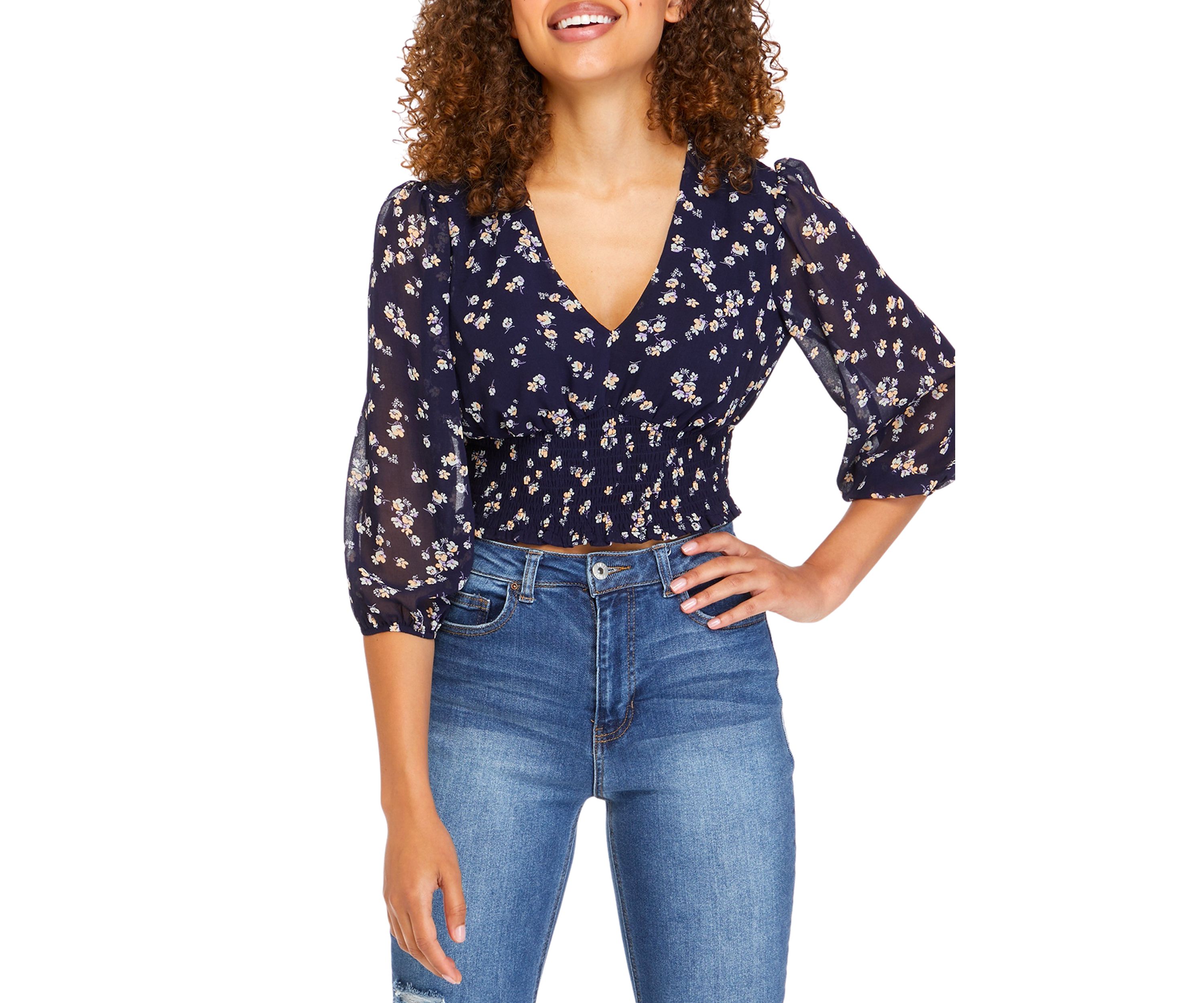 Juniors 3/4 Sleeve V-Neck Smocked Top  