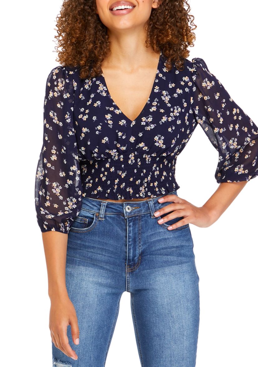 Juniors 3/4 Sleeve V-Neck Smocked Top  