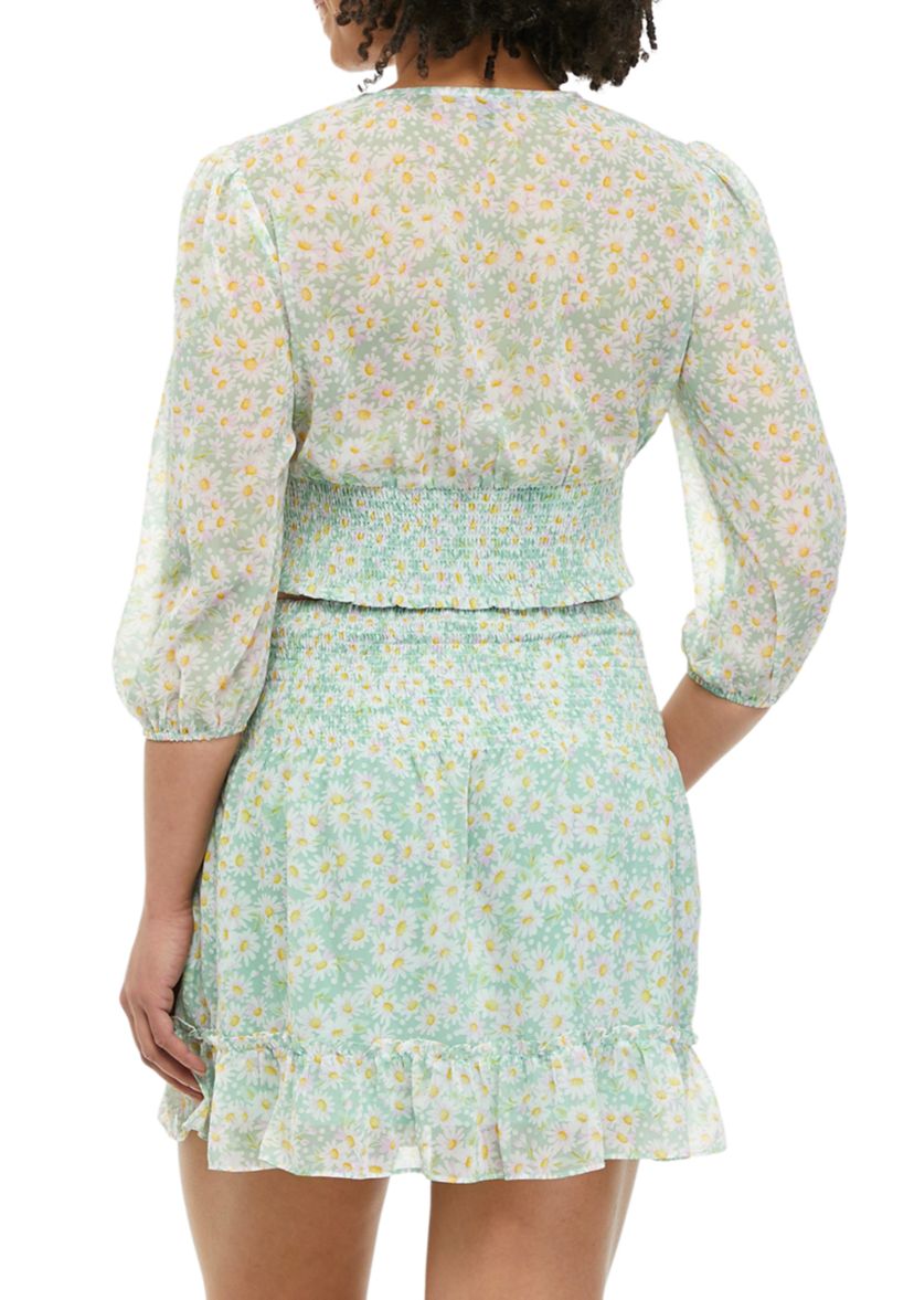 Juniors Long Sleeve V-Neck Smocked Top 
