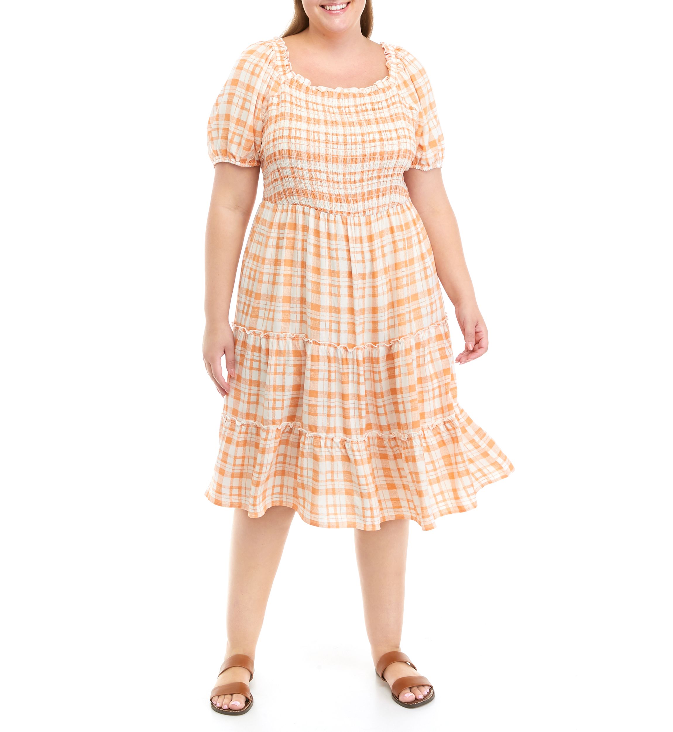 Plus Size Short Puff Sleeve Smocked Plaid Midi Dress