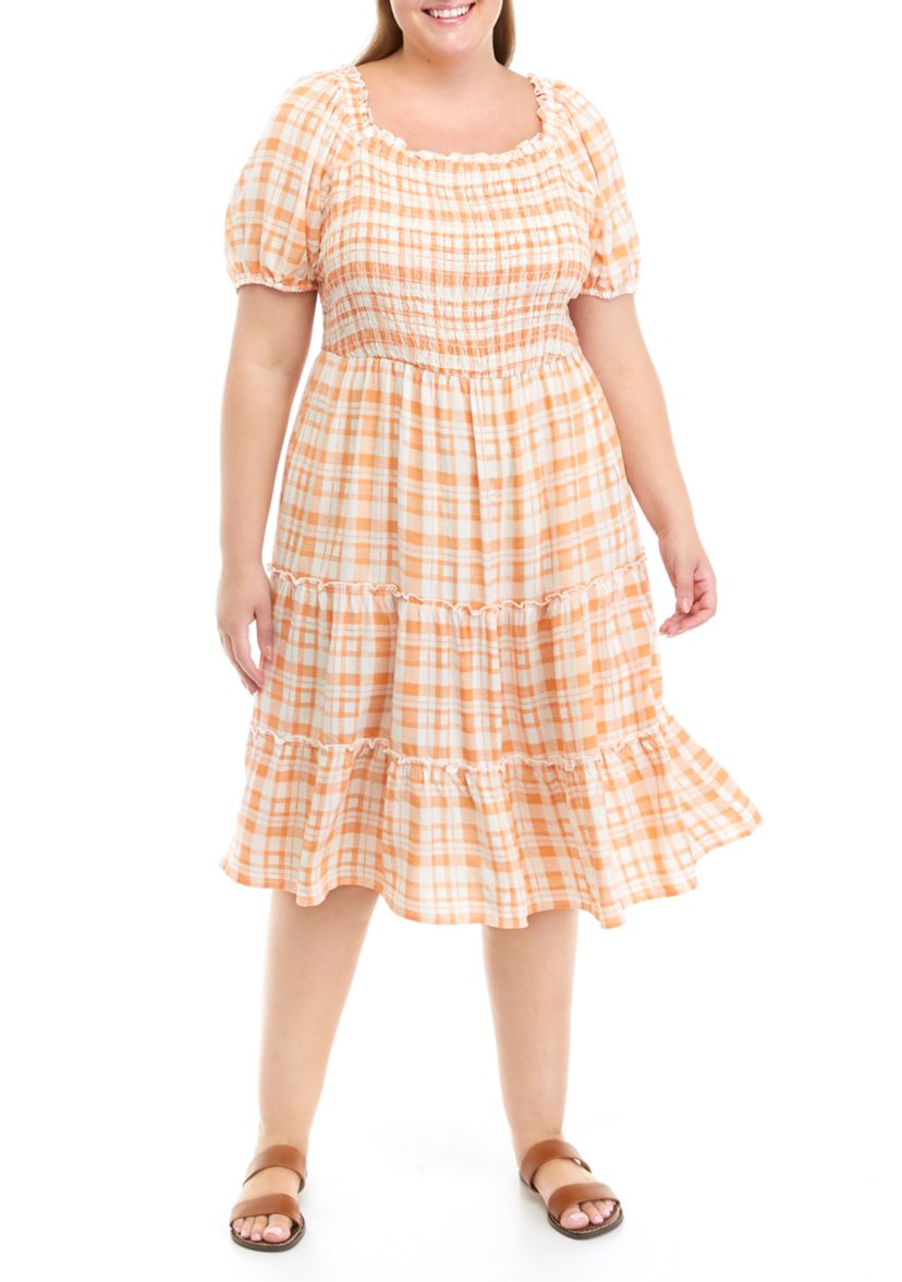Plus Size Short Puff Sleeve Smocked Plaid Midi Dress
