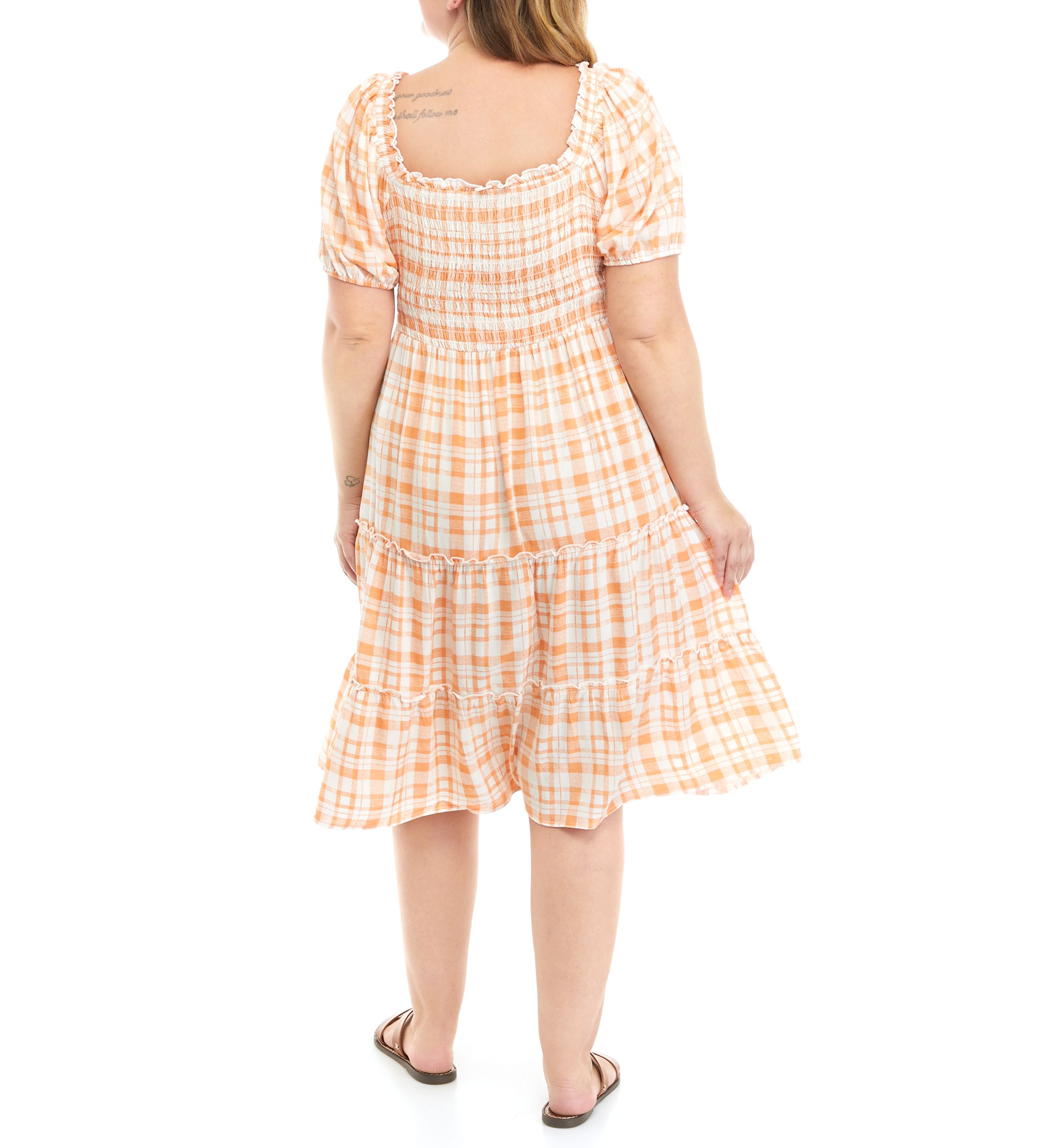Plus Size Short Puff Sleeve Smocked Plaid Midi Dress