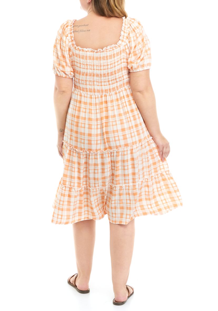 Plus Size Short Puff Sleeve Smocked Plaid Midi Dress